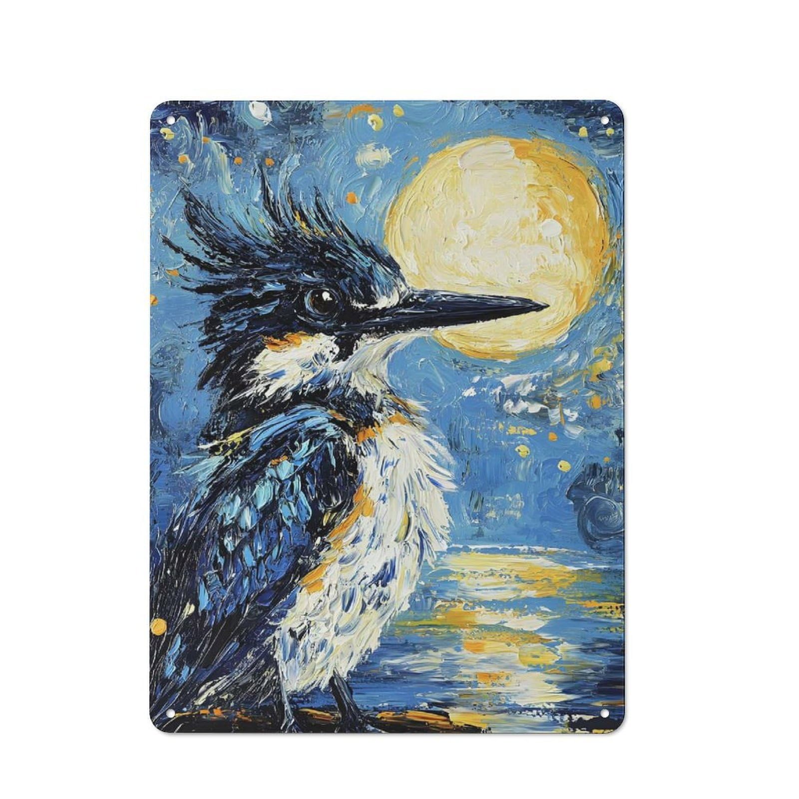 Kingfisher Under Moonlight Metal Wall Plaque 40x30cm, Understated Creative Space Decor for Home Office, Reading Corner Or Bedroom