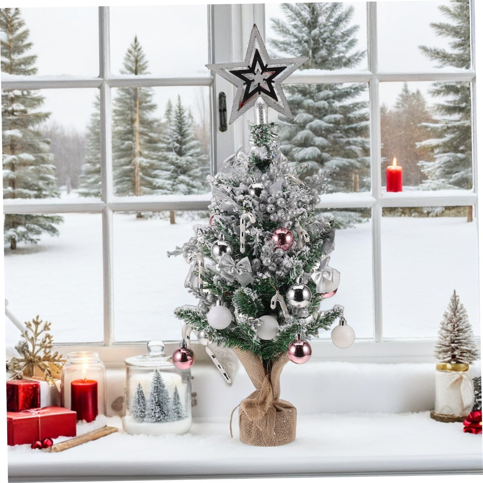 Mini-Weihnachtsbaum Skulptur Mit Schneebeflockung Künstlicher Tischbaum Für Schreibtisch Büro Und Zuhause Dekoration Silberfarben Ohne Licht