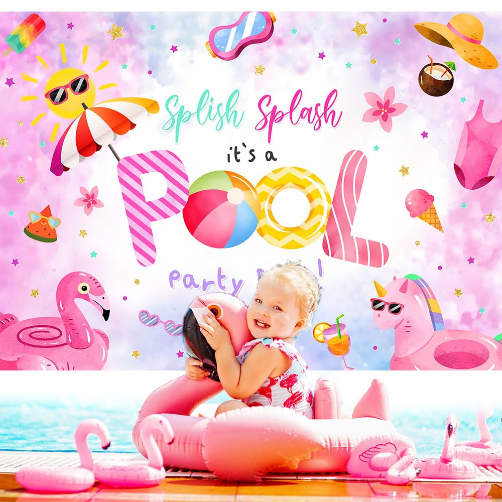 MEHOFOND Aquarell-Pool-Party-Hintergrund – Rosa, 2,1 X 1,5 M, Polyester, Waschbar – Für Fotos, Deko, Sommerpartys