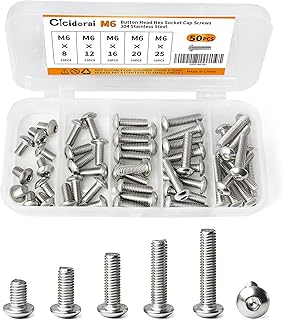 Cicidorai M6 x 8mm 12mm 16mm 20mm 25mm Button Head Socket Cap Screws Bolts, 304 Stainless Steel, Allen Hex Drive, Fully Threaded, Bright Finish, 50PCS