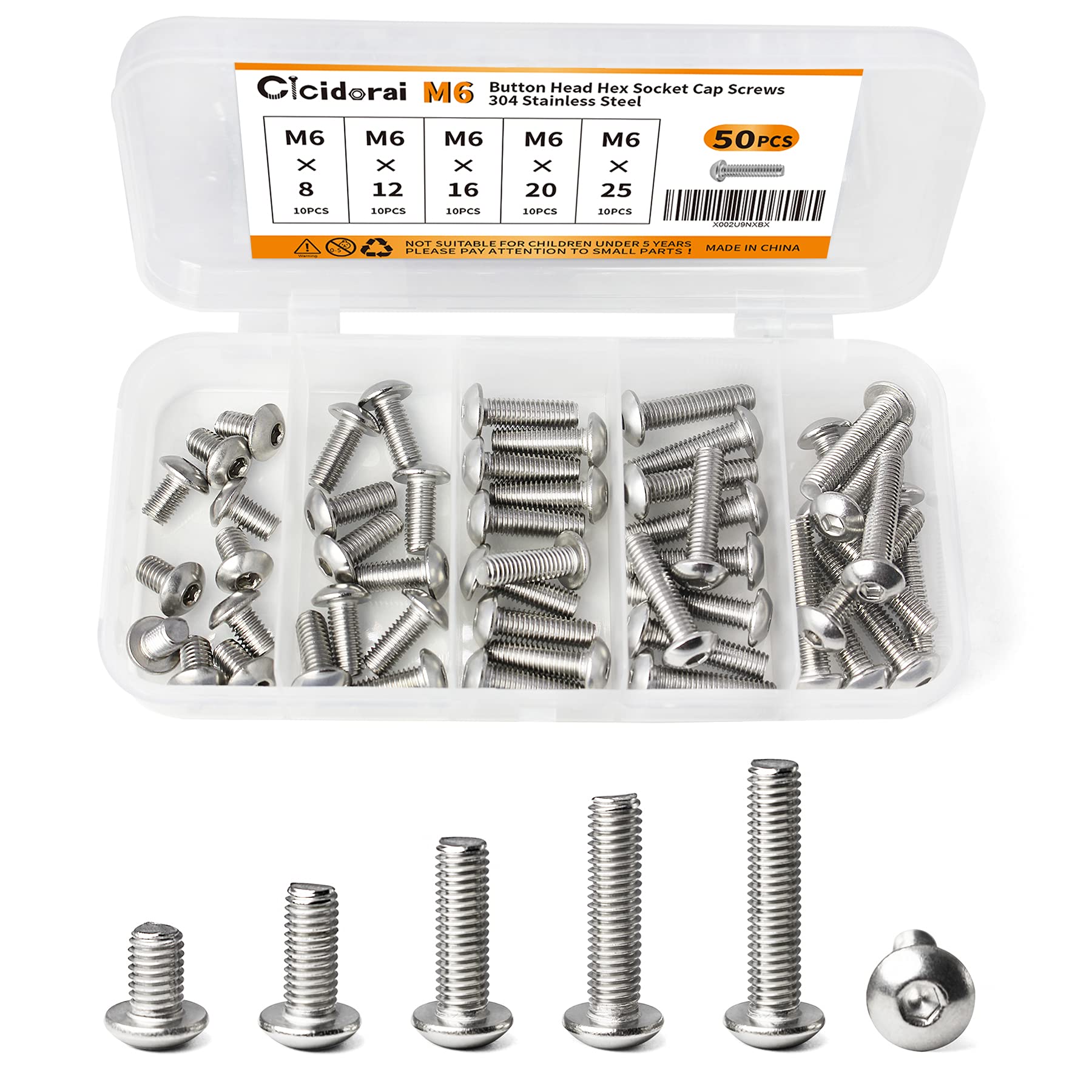 Cicidorai 50 Pcs M6 x 8 12 16 20 25mm 304 Stainless Steel Screws Bolts, Button Head Hex Socket Cap Screws Assortment Kit, Fully Machine Thread, Allen Socket Drive