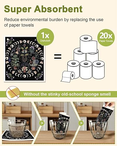 Miniatura 10 de Paños de cocina suecos reutilizables para lavar platos, absorbentes, de secado rápido, esponja sueca, bonito patrón para decorar, paquete de 6