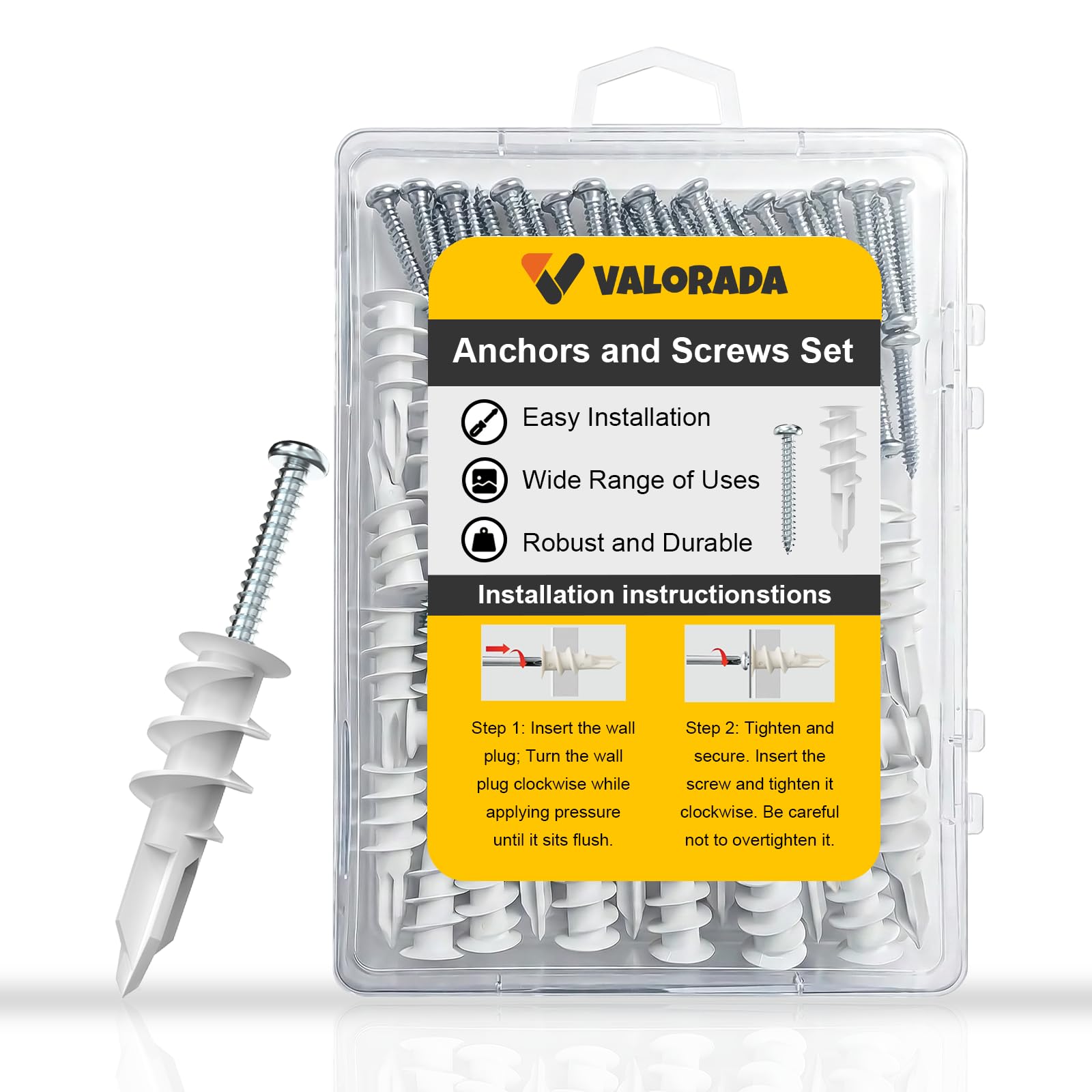 Valorada 100 Pcs Plasterboard Fixings, Self Drilling Plasterboard Wall Plugs and Screws, Drywall Anchors and Screws for Plasterboard, Drywall & Gypsum Board, No Drilling Required