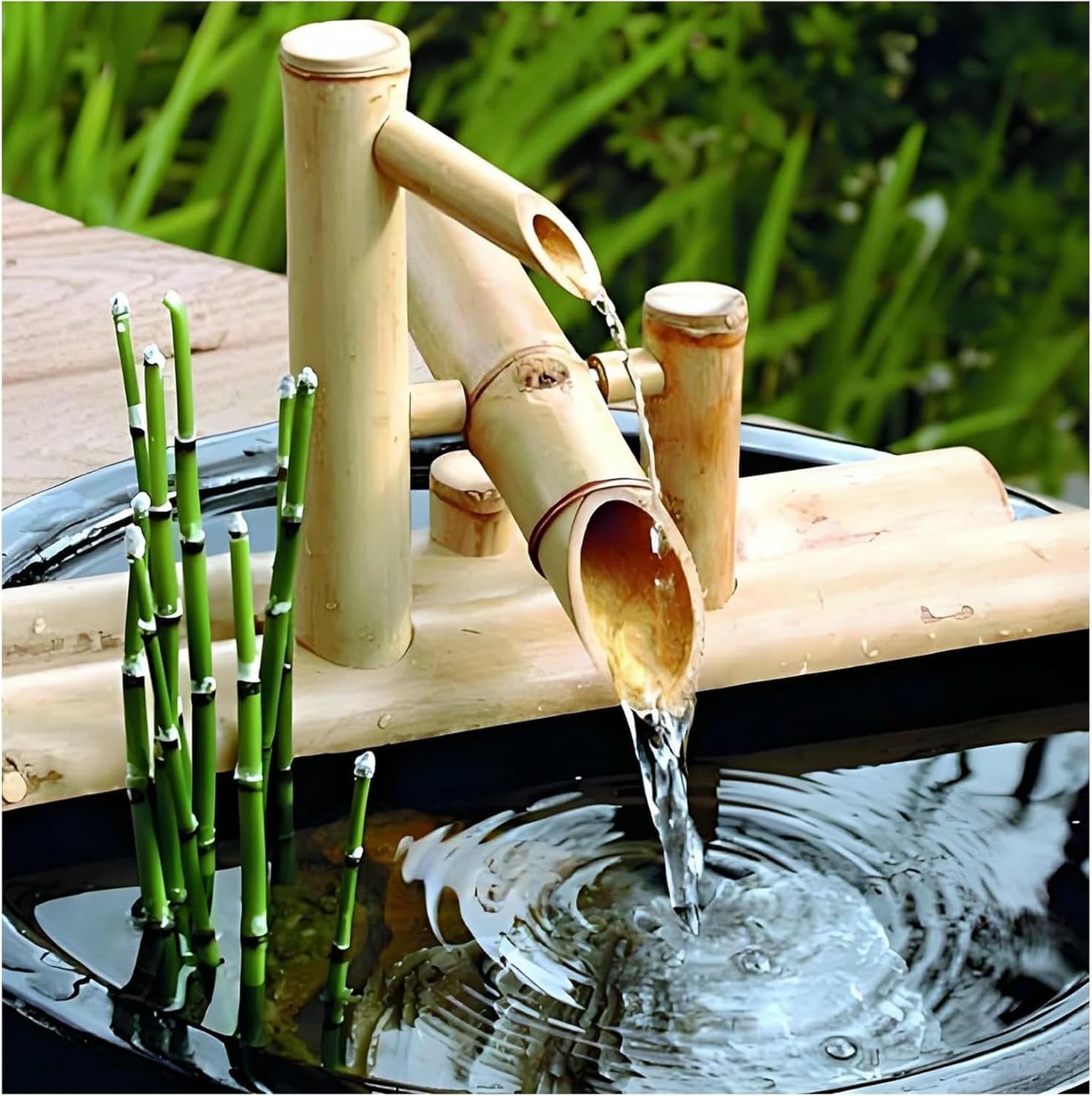 Detached Bamboo Waterscape Fountains, Zen Feeling Feng Shui Garden Water Fountain Decoration, Handmade Indoor Outdoor Landscape Kits with Pump