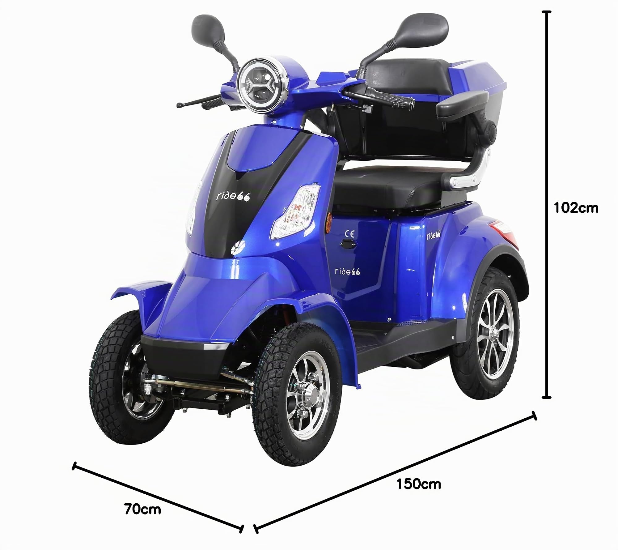 Scooter électrique 4 roues de mobilité pour senior et PMR, confort, sécurité et stabilité – RIDE66 RC60 (Bleu, Siège Standard)
