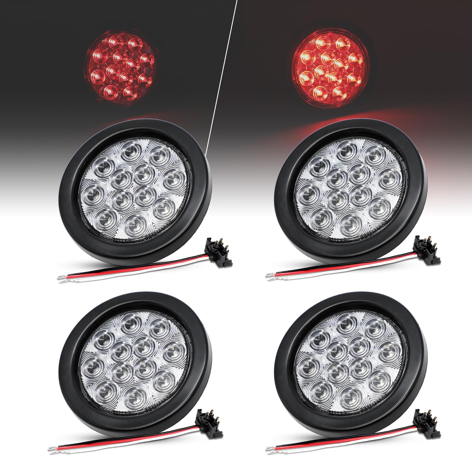4 Pcs 4 Inch Clear Lens Red LED Round Side Marker Indicator Light Clearance Lamp Rubber Plug Exterior Use for Trailer Caravan Truck Coach Van RV 12V DC GA12