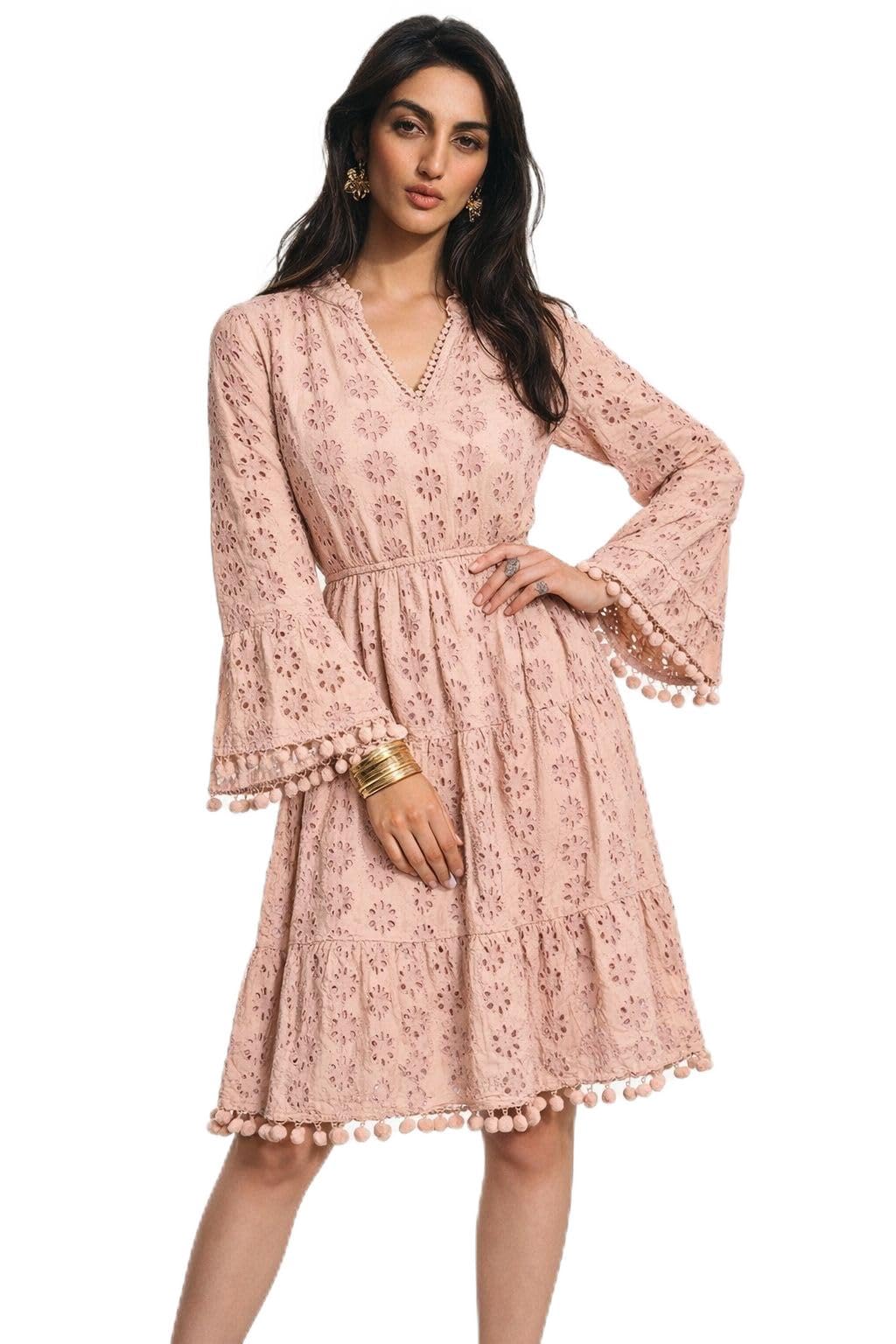 vedika kapoor Women Peach Cotton Eyelet Dress with Bell Sleeves | Pom Pom Detail A-Line Knee Length Casual Party Dress-picture-24