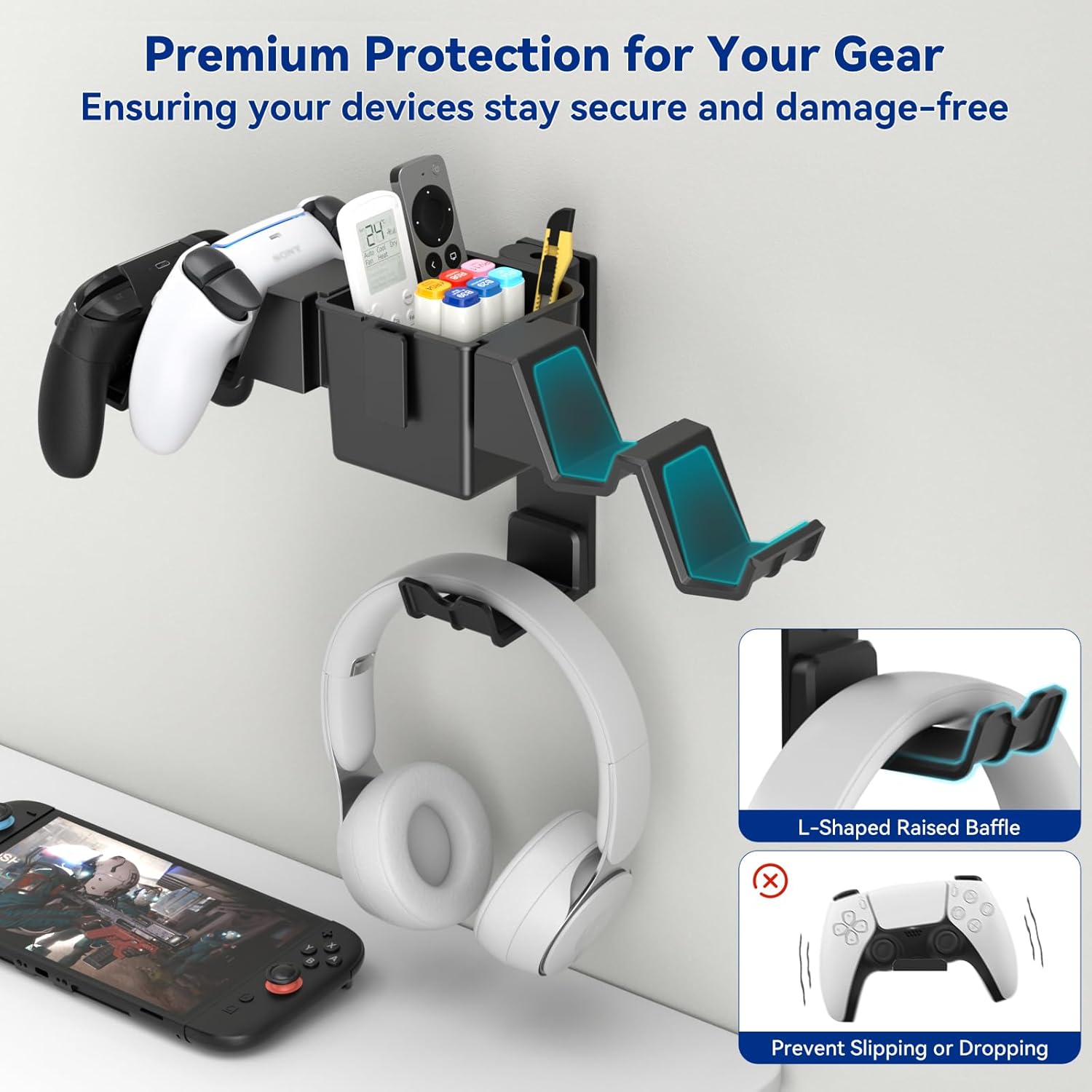 KDD Wall Mount Controller Holder with Divided Box – Universal Gaming Headset and Controller Stand – Game Accessories Organizer Stand Headphone Hanger Fit Xbox Series Gamepads, PS4, PS5, Switch2,STEAM image 3 of 7 B0F5QCBSX6