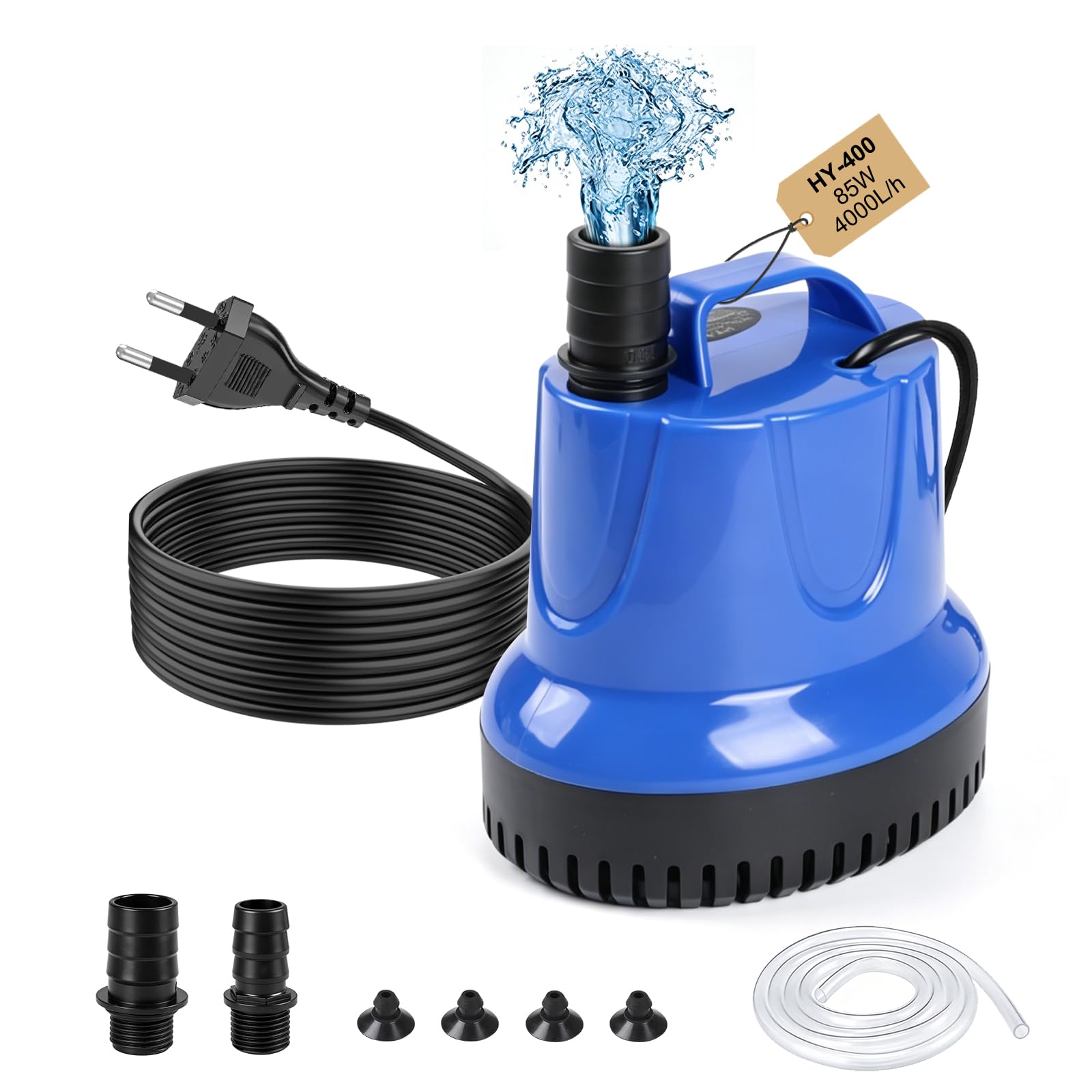 EXLECO Pompa Acquario 85W 4000L/H, Pompa Sommersa Acque Sporche, per Laghetto Piccolo Aspira Acqua, Accessori per Mini Acquario, Blu