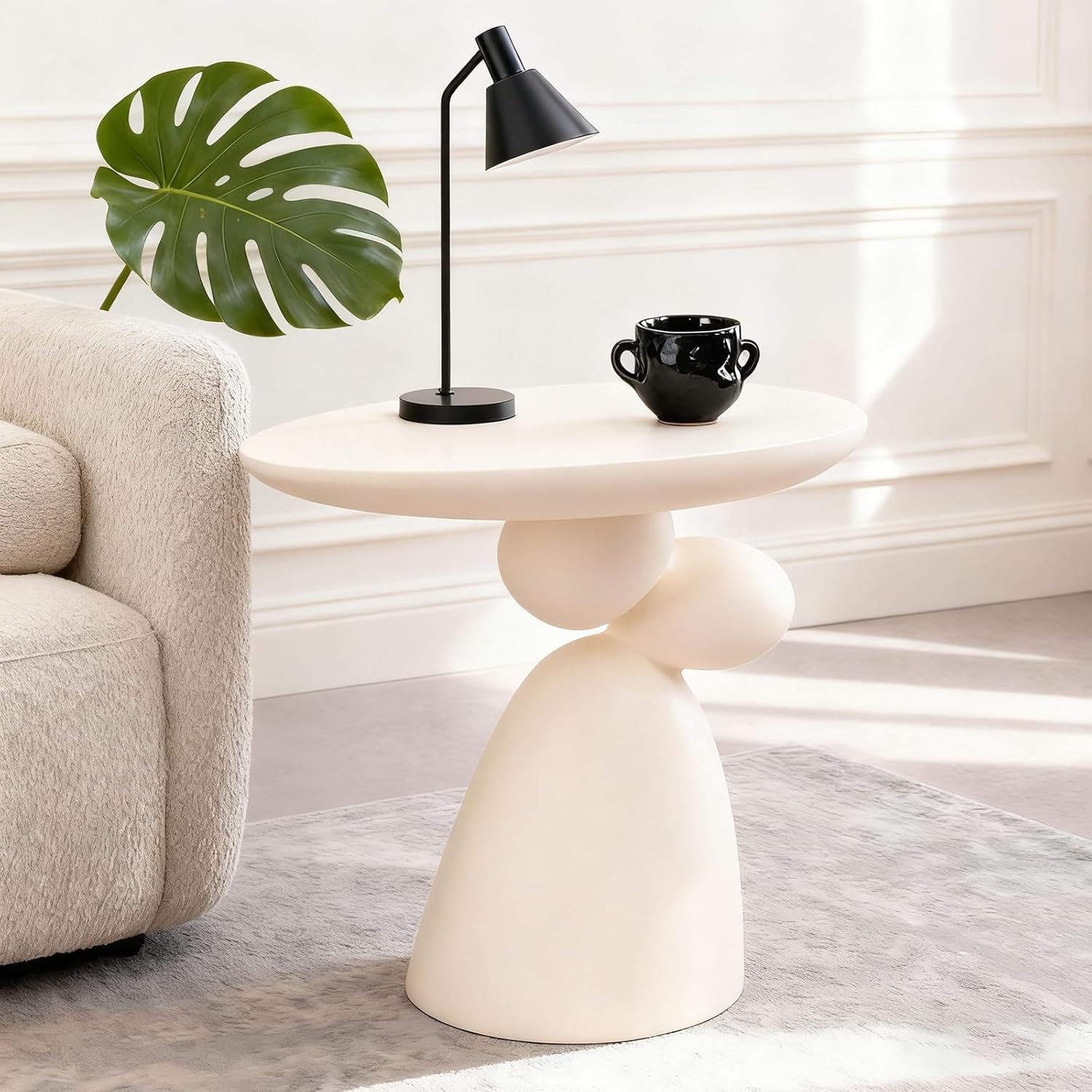 Lucky Stone End Table, Fiberglass Side Table, Modern Minimalist Oval Corner Table, Accent Coffee Table with Decor, for Living Room Bedroom Guestroom, 19.7'' H (White)