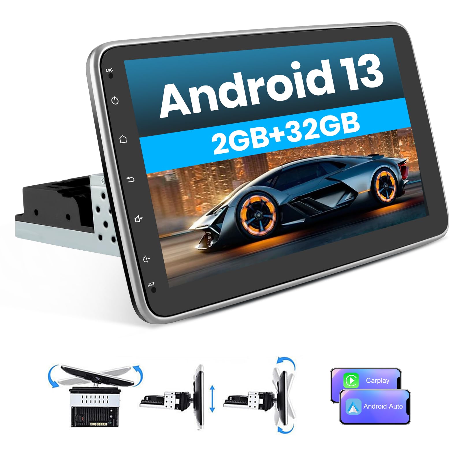 Android 13 Radio Coche 1 DIN Universal con Pantalla Táctil y Giratoria de 10 Pulgadas, con CarPlay/AndroidAuto/Mirror Link, WiFi/GPS/Bluetooth/RDS/USB/FM/Mandos del Volante