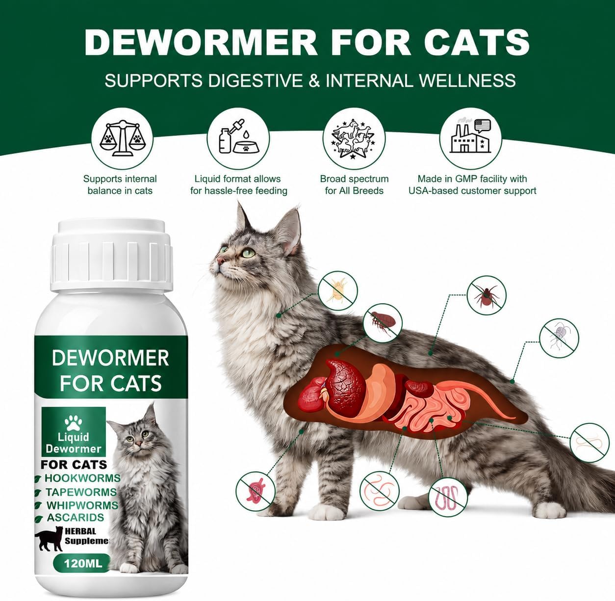 Cat Dewormer Liquid, Dewormer for Cats and Kittens, Broad Spectrum for Tapeworms, Roundworms & Hookworms, Easy-to-Give, 4.06 oz (120ML) thumbnail