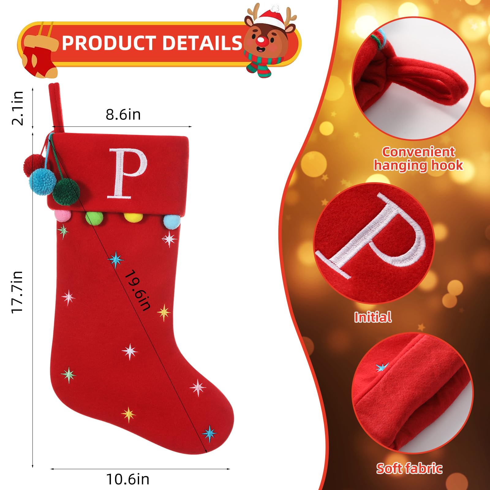 SIRIPHUM 19.5 Inches Initial Monogram Red Christmas Stocking Personalized, Embroidered Letter Fleece Christmas Stocking with pom poms Decoration for Family Christmas Holiday Party Decor-S