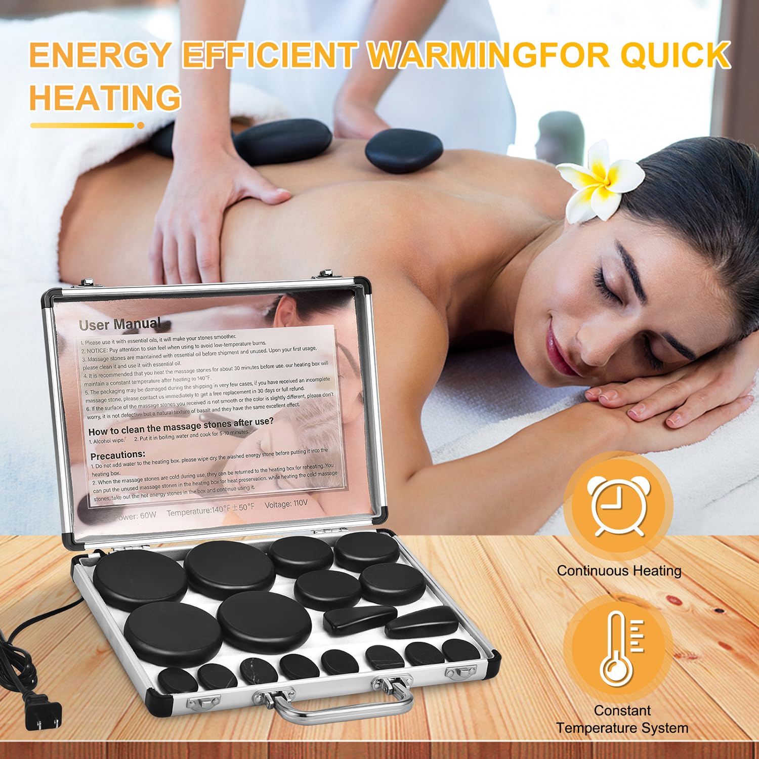 MOUOUSO Hot Stones Massage Set, 18 Pcs Hot Stones with Warmer