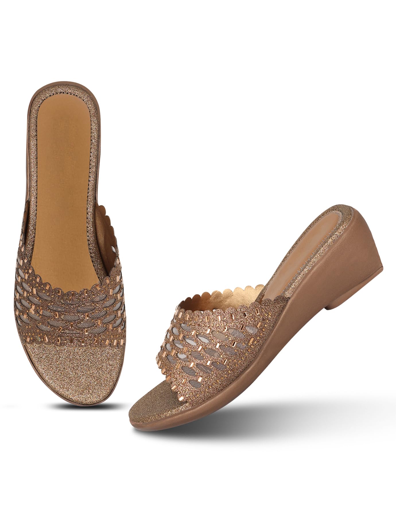 RAHEGAS Women Embellished Wedge Slip On Flats- Gold-picture-26