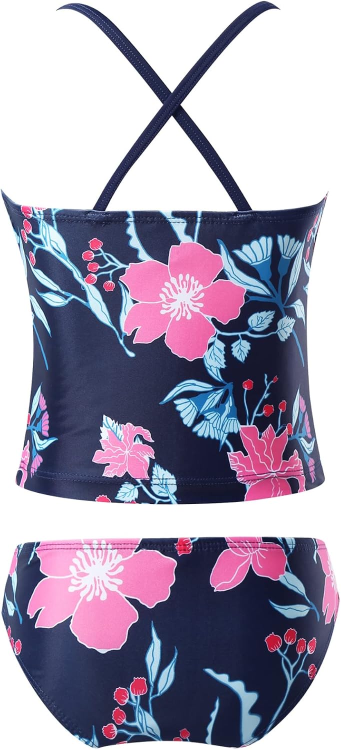Kids Girls 2 Piece Tropical Print Tankini Sets Bathing Suit Spaghetti Strap Ruffles Hawaii Swimsuit