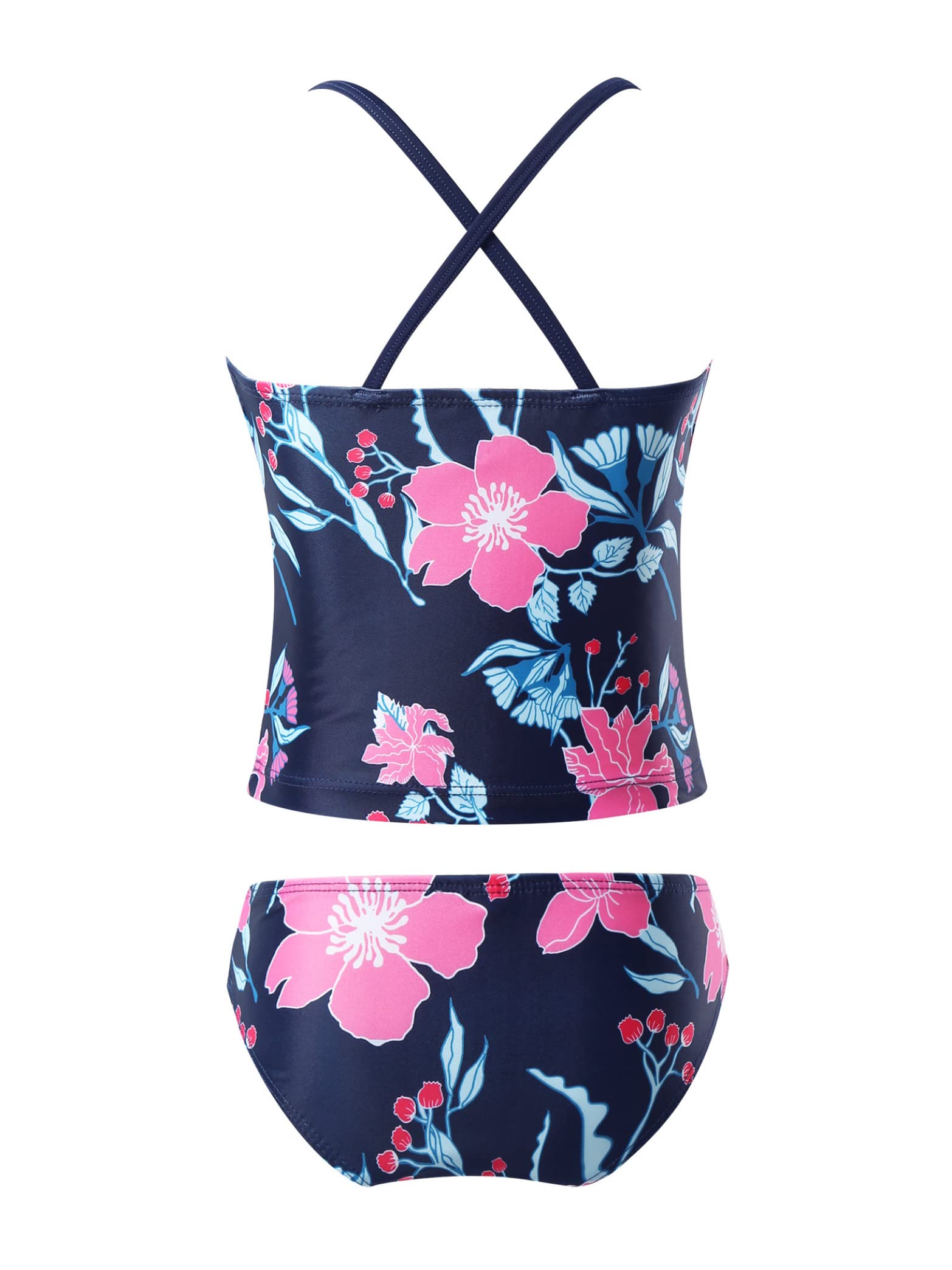 Daenrui Kids Girls 2 Piece Tropical Print Tankini Sets Bathing Suit Spaghetti Strap Ruffles Hawaii Swimsuit Navy 4 Years