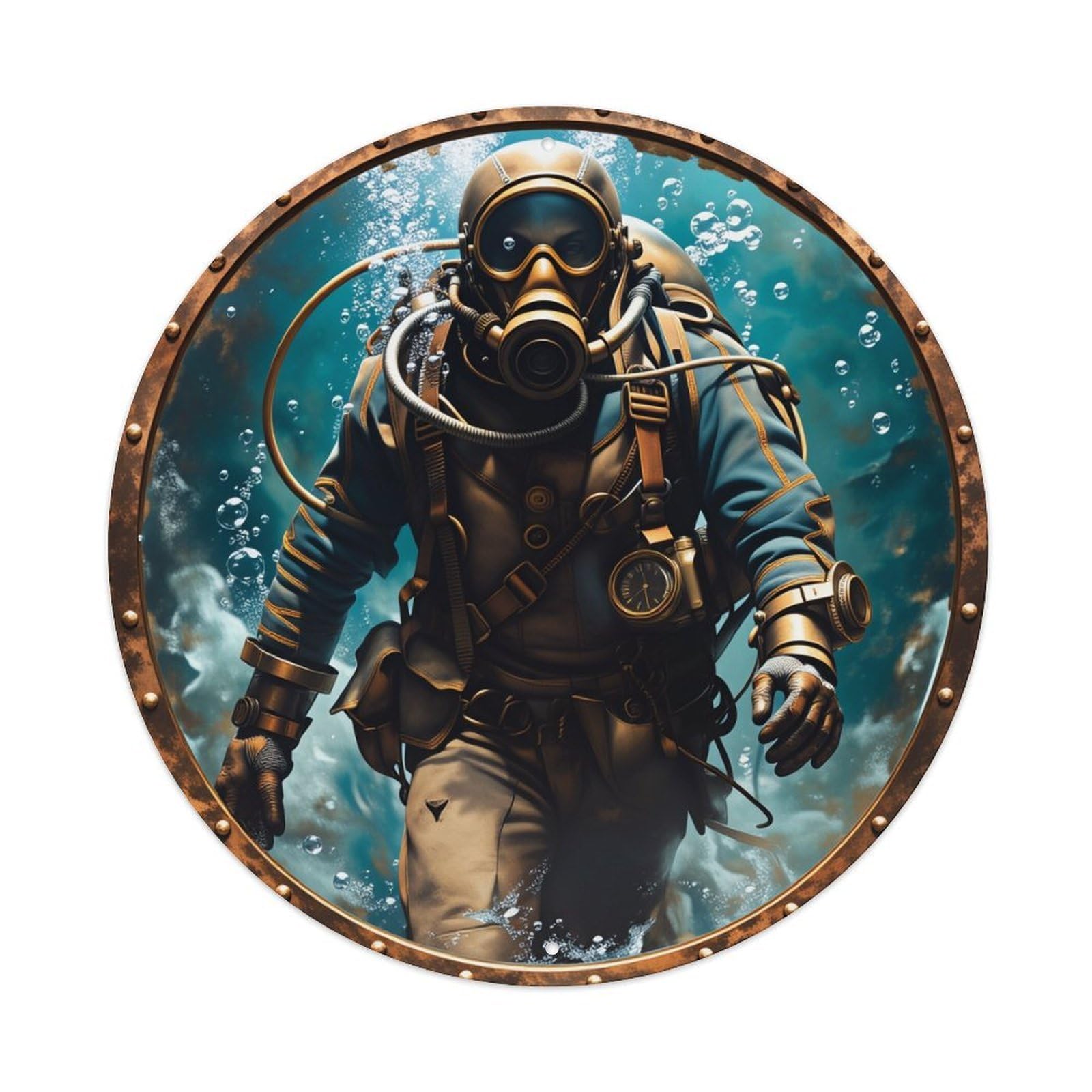 Steampunk Diver Underwater Adventure Vintage Gears Ocean Exploration Round Vintage Tin Sign,Retro Wall Art,Metal Poster for Home, Bar, Garage, Cafe, Rustic Indoor & Outdoor Decor, 8x8 Inches