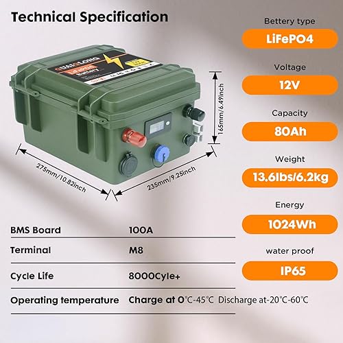 Miniatura 2 de GuaiGLong Batería LiFePO4 de 12 V 80 Ah, batería de motor de arrastre integrada 100 A BMS 1024Wh, más de 8000 baterías de litio de ciclo profundo de