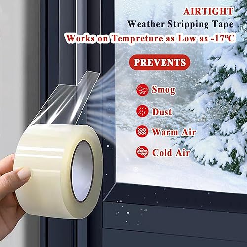 Miniatura 7 de Sello transparente para ventana, 2 pulgadas x 29.5 pies, kit de sellado de ventana de CA de invierno sin ensuciar, cinta aislante de CA para ventana