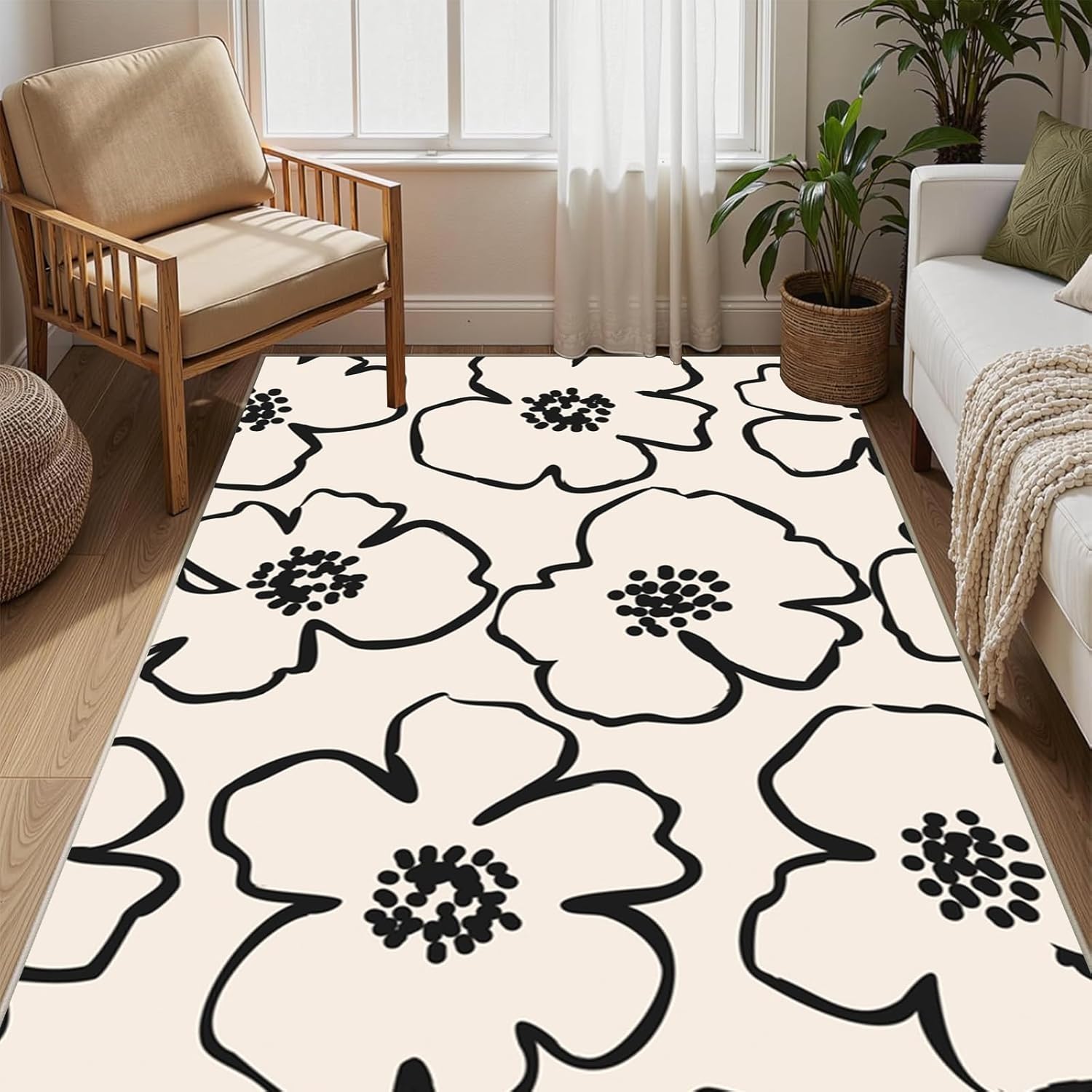 Floral Rug, 5 x 8ft Living Room Area Rug Bedroom Mat with Non Slip Rubber Backing, Machine Washable Floor Carpet for Dining Room Home Office