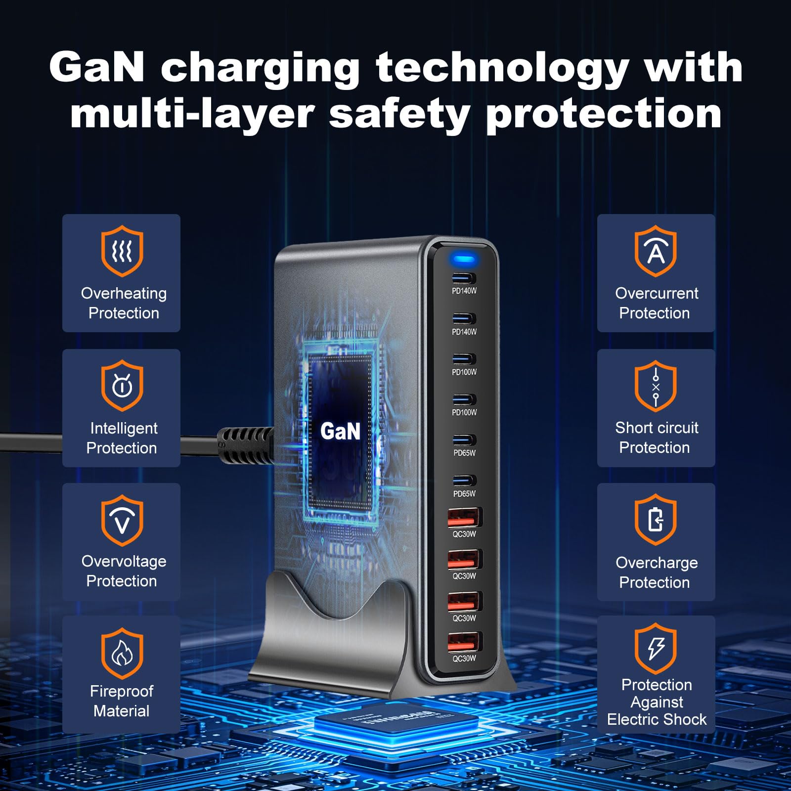 Chargeur USB C 730 W, multiple, 10 ports, station de charge rapide avec bloc d'alimentation 6 -C et 4 A pour MacBook Pro/Air, iPad Pro/Air, Samsung etc