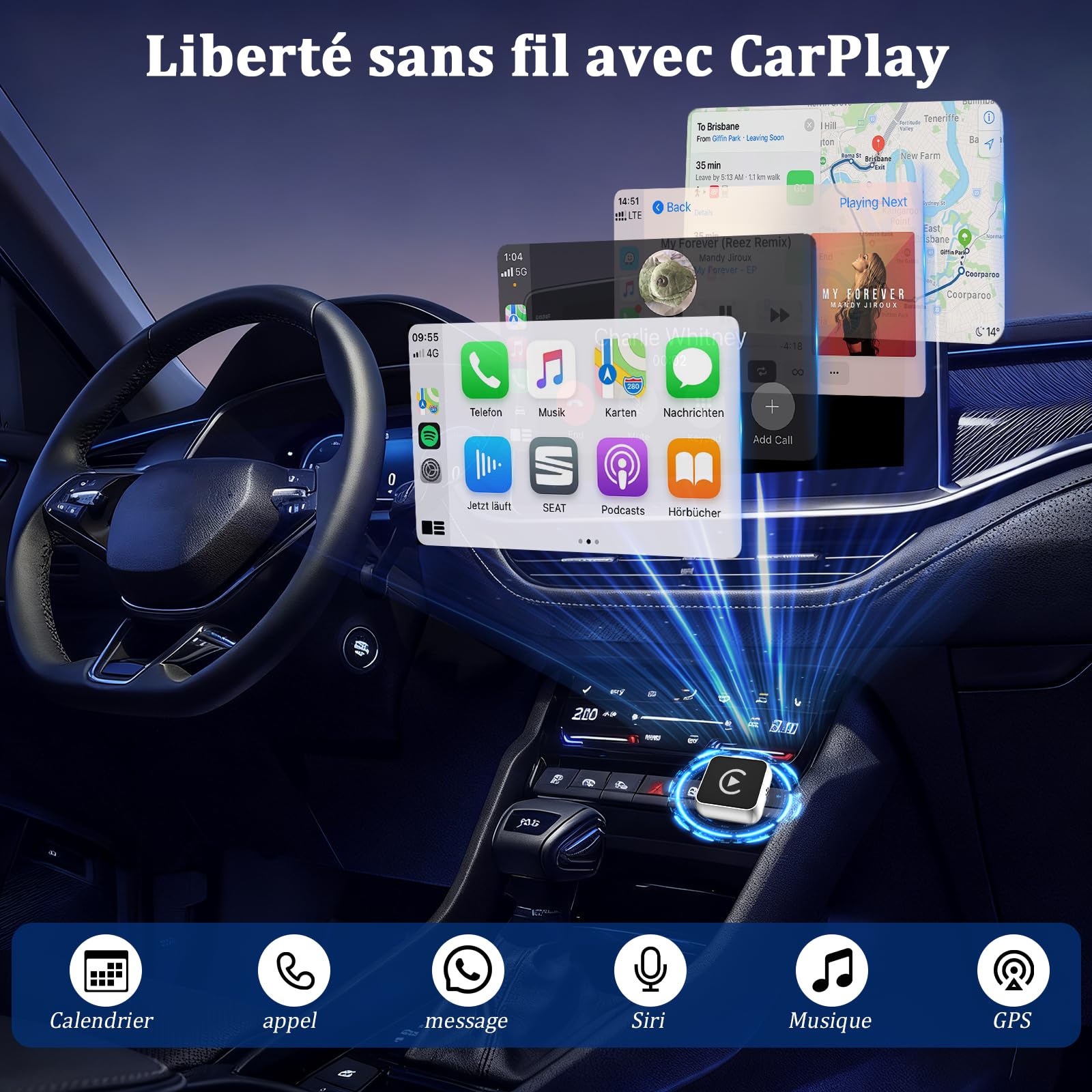 BSTOEM CarPlay sans Fil 2 en 1 pour Apple CarPlay/Android Auto, Mini Adaptateur sans Fil pour iPhone iOS 10+/Android 11+ et Plus de 2016 Voitures, Typ-C/USB, Car Play Voiture (‌Gris foncé‌) 1 pièce