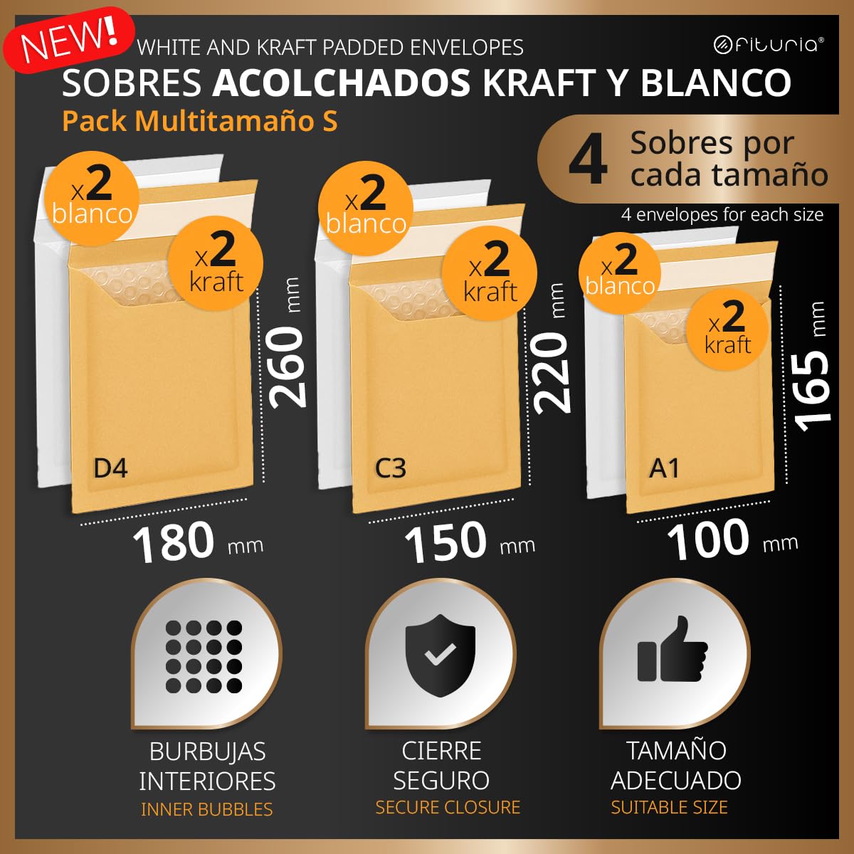 Sobres Acolchados para Envíos, Multitamaño (3 Tamaños), Colores Kraft y Blanco – Cierre Autoadhesivo – Sobres de Papel con Burbuja Interior, Ideal para Envíos - Pack S - Ofituria (12 sobres)