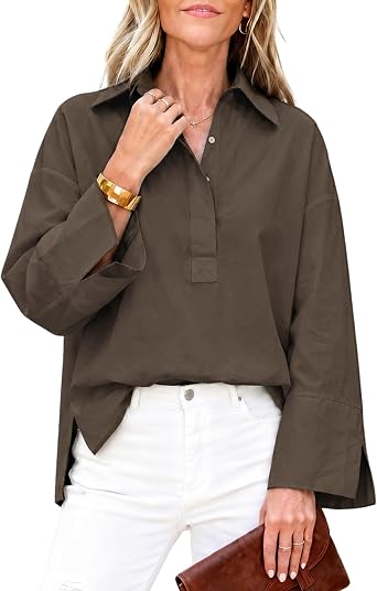 Watashi Women Button Down Shirt Striped Print Henley Shirts