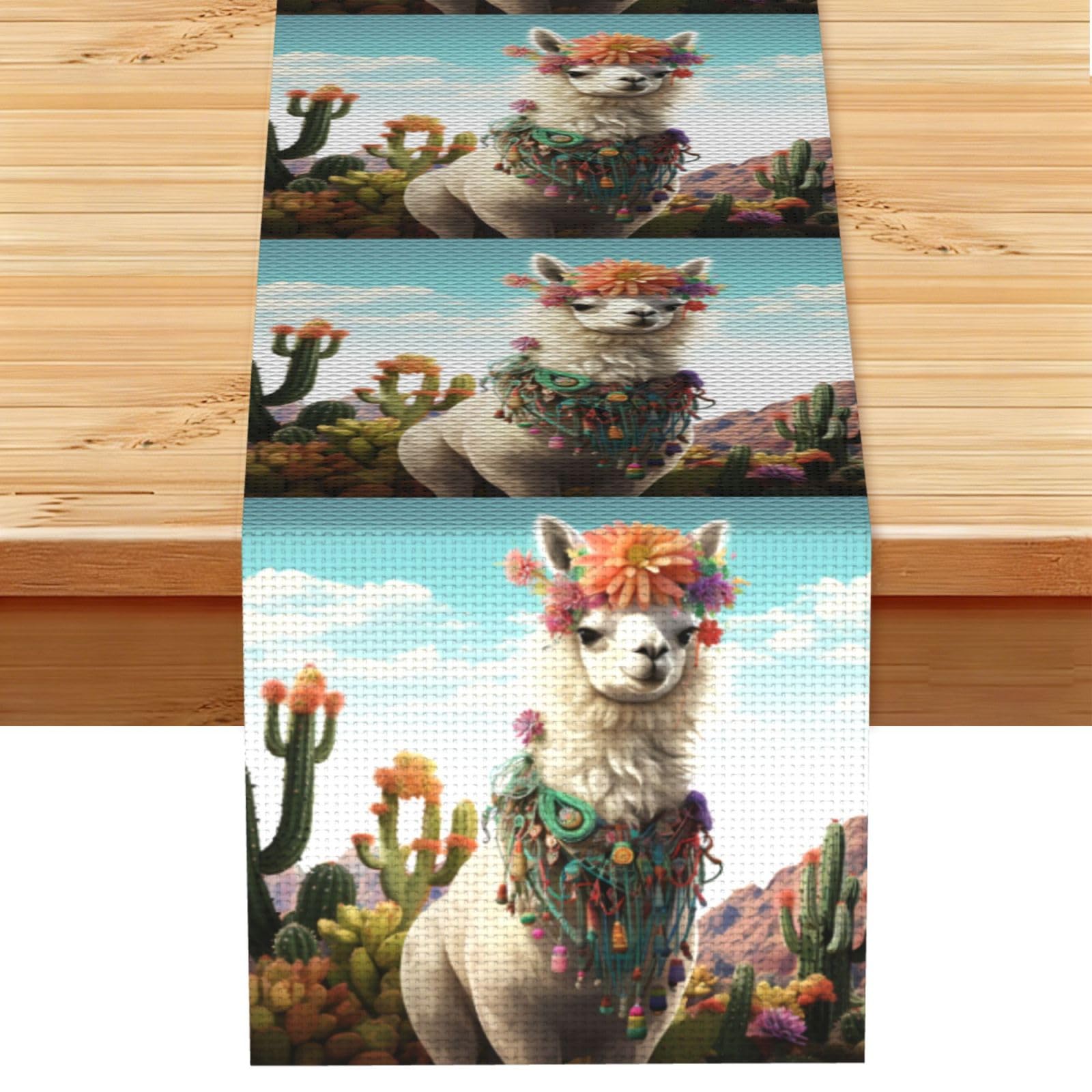 Fodpand Black Rustic Cotton Linen Table Runner, Mexican Llama Cactus Table Runners 13 X 72 Inches, Modern Elegant Farmhouse Tablecloth, Washable Kitchen Dining Table Decoration For Home Party Decor