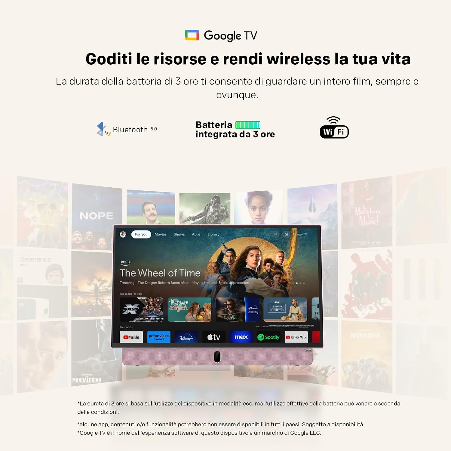 Metz MPE7300Z Portable TV displaying Google TV interface with various streaming apps