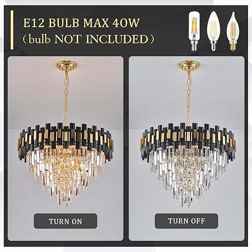 Miniatura 8 de CATINER Candelabros grandes de cristal negros y dorados para vestíbulo, lámpara redonda moderna de 24 pulgadas, lámpara colgante de techo de lujo, 5