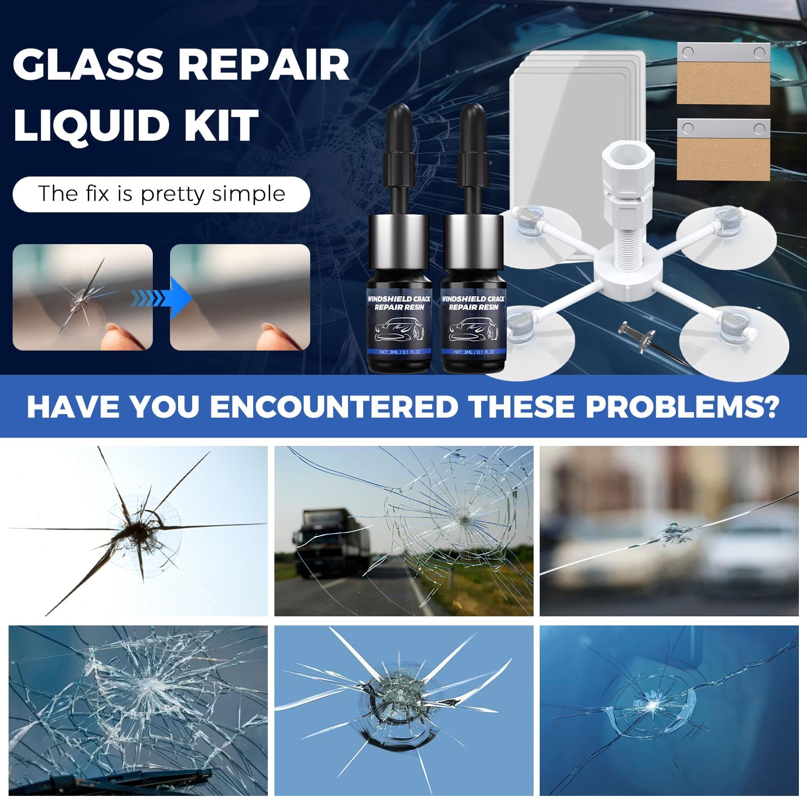 Windshield Repair kit, Quick and Efficiency Glass Repair Fluid, Car Windshield Crack Repair Resin Kit for Fixing Chips, Bulls-Eye, Cracks and Star-Shape Cack-2 Pack - 3
