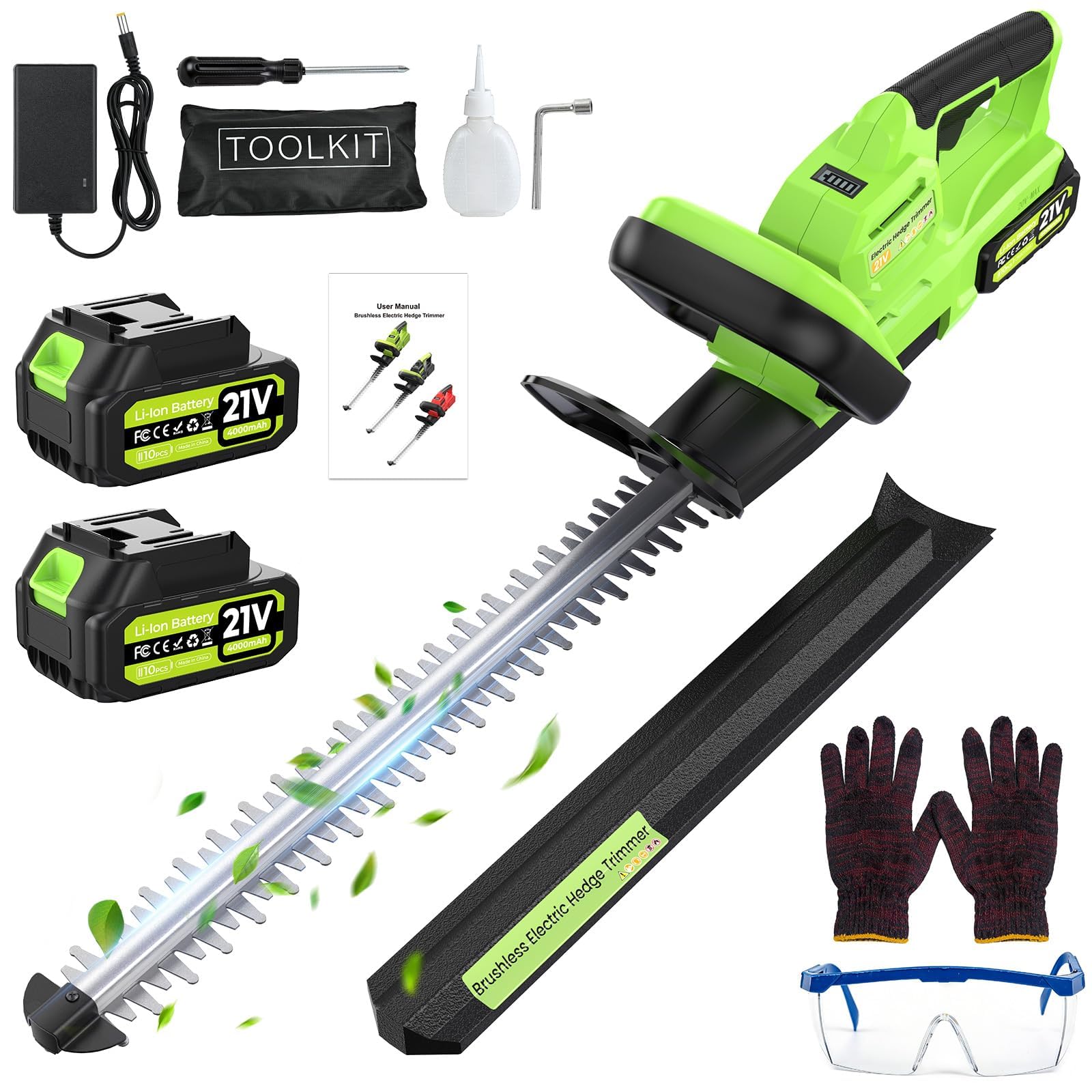 Cortasetos Bateria, Cortasetos Electrico 21V, 800W con Cuchilla De Acero 70mn4 De 50 Cm, Corte Bidireccional De 16 Mm, 2 Baterías De 4000mah, Protector De Seguridad para Jardín y Arbustos