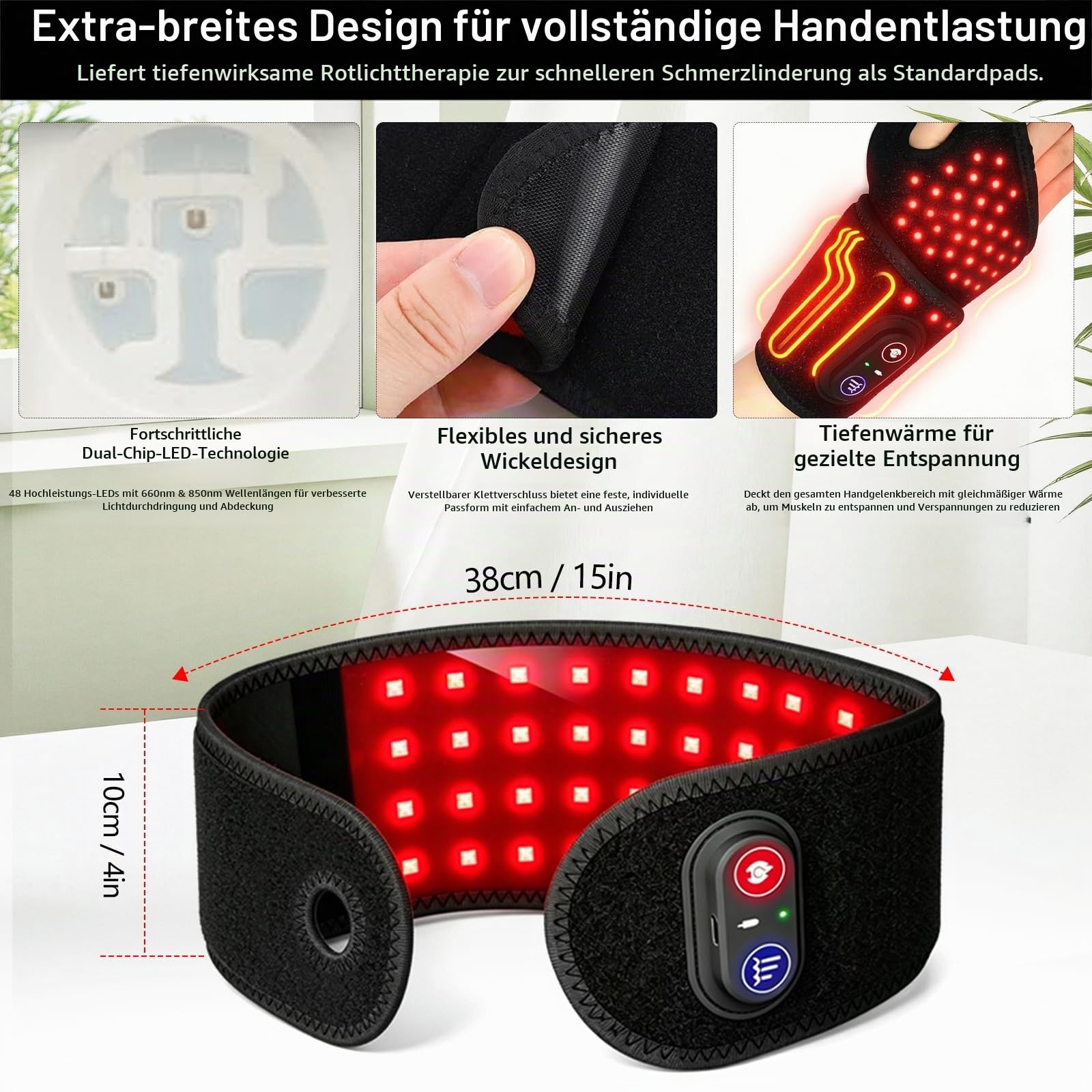 Infrarot Rotlicht Therapiegerät für Handgelenk, 48 LEDs (660nm & 850nm), Rotlichtband mit Wärmefunktion & 3 Lichtmodi, Wiederaufladbar für Hand, Nacken, Rücken, Schulter & Beine