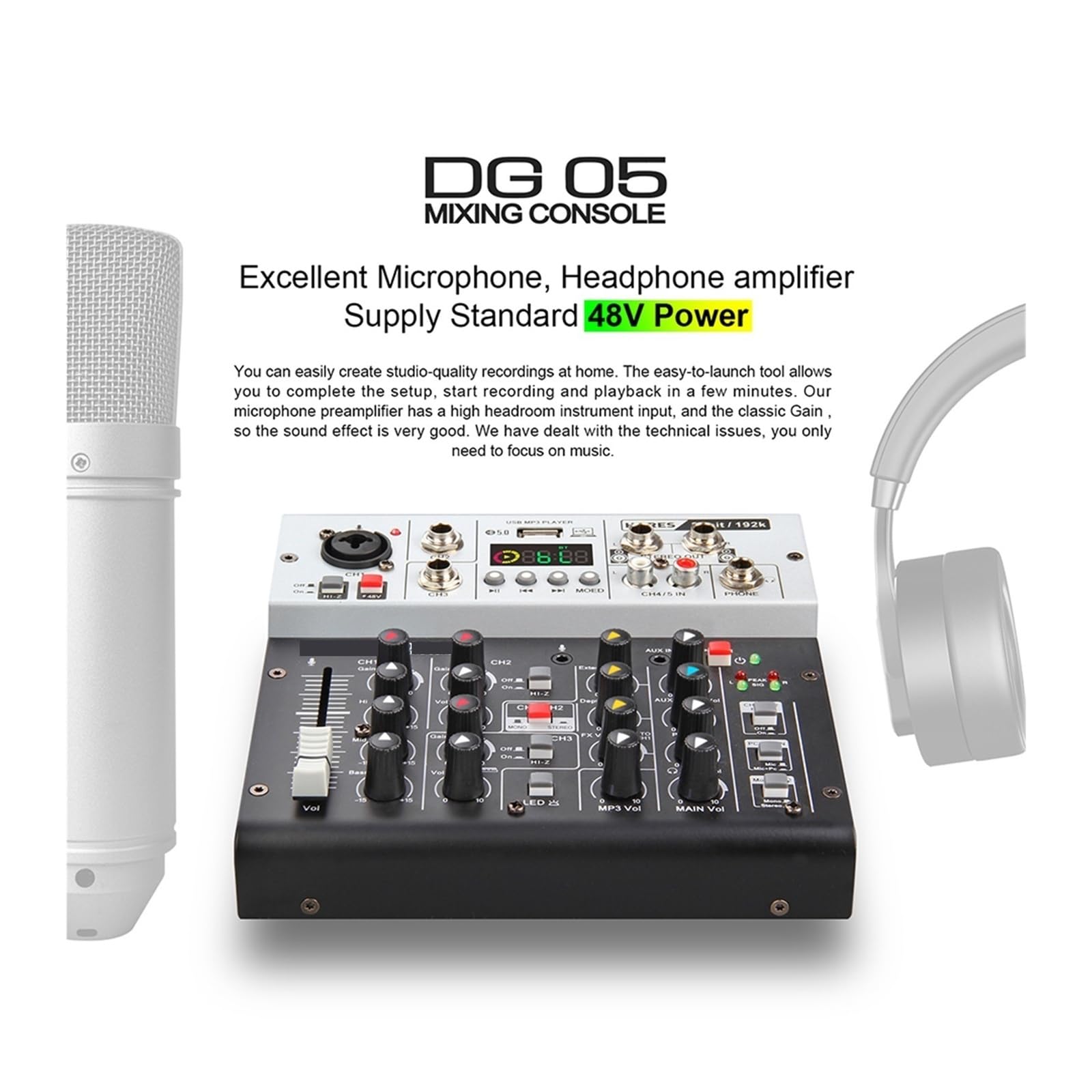 Mezclador de audio, Tarjeta de sonido con interfaz monitorización, calidad estudio, 24 bits, 192kHz, 5.0 BT, for PC, grabación en vivo guitarra eléctrica y canto