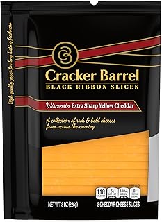 Cracker Barrel Black Ribbon Natural Slices Wisconsin Extra Sharp Yellow Cheddar Cheese Slices, 8 ct. Pouch
