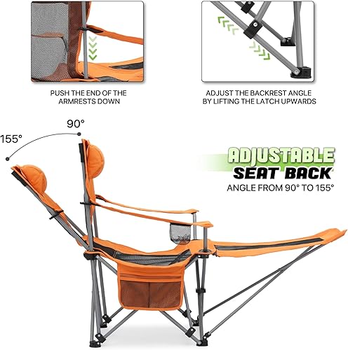 Miniatura 6 de Magshion Silla de camping plegable reclinable con reposapiés para adultos, silla plegable resistente con reposapiés, color naranja