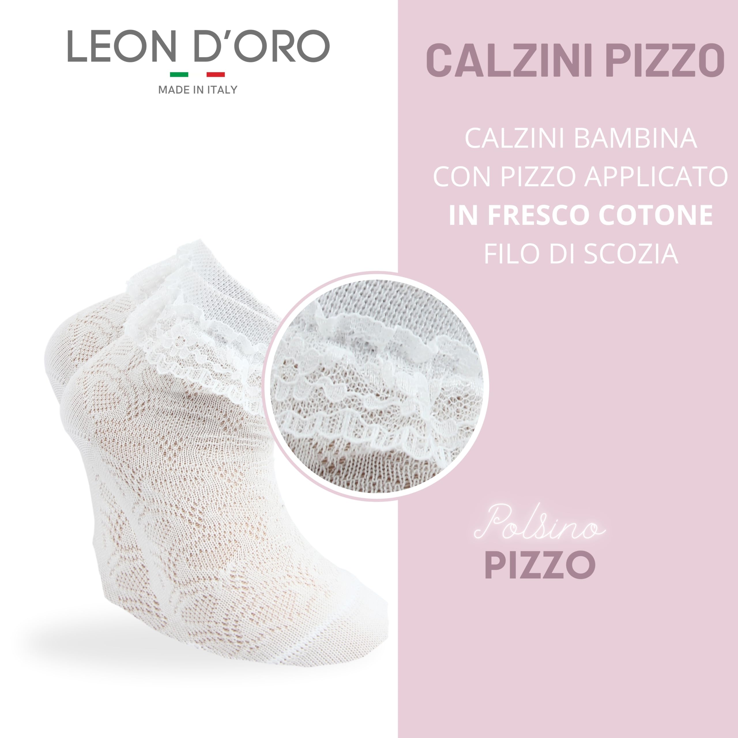 LEON D'ORO Calzini Bambina Eleganti COTONE FILO DI SCOZIA Leggero 3 Paia Calze Cerimonia Bimba Made in Italy