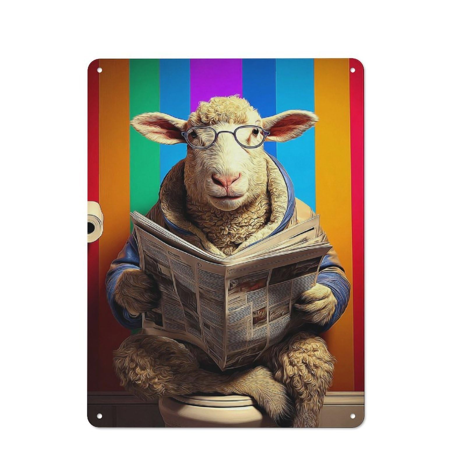 Junmoney Sheep Reading Newspaper On Toilet-2 Rustic Metal Sign 40X30cm For Living Room Wall, With Clear Rustic Wall Decor Character