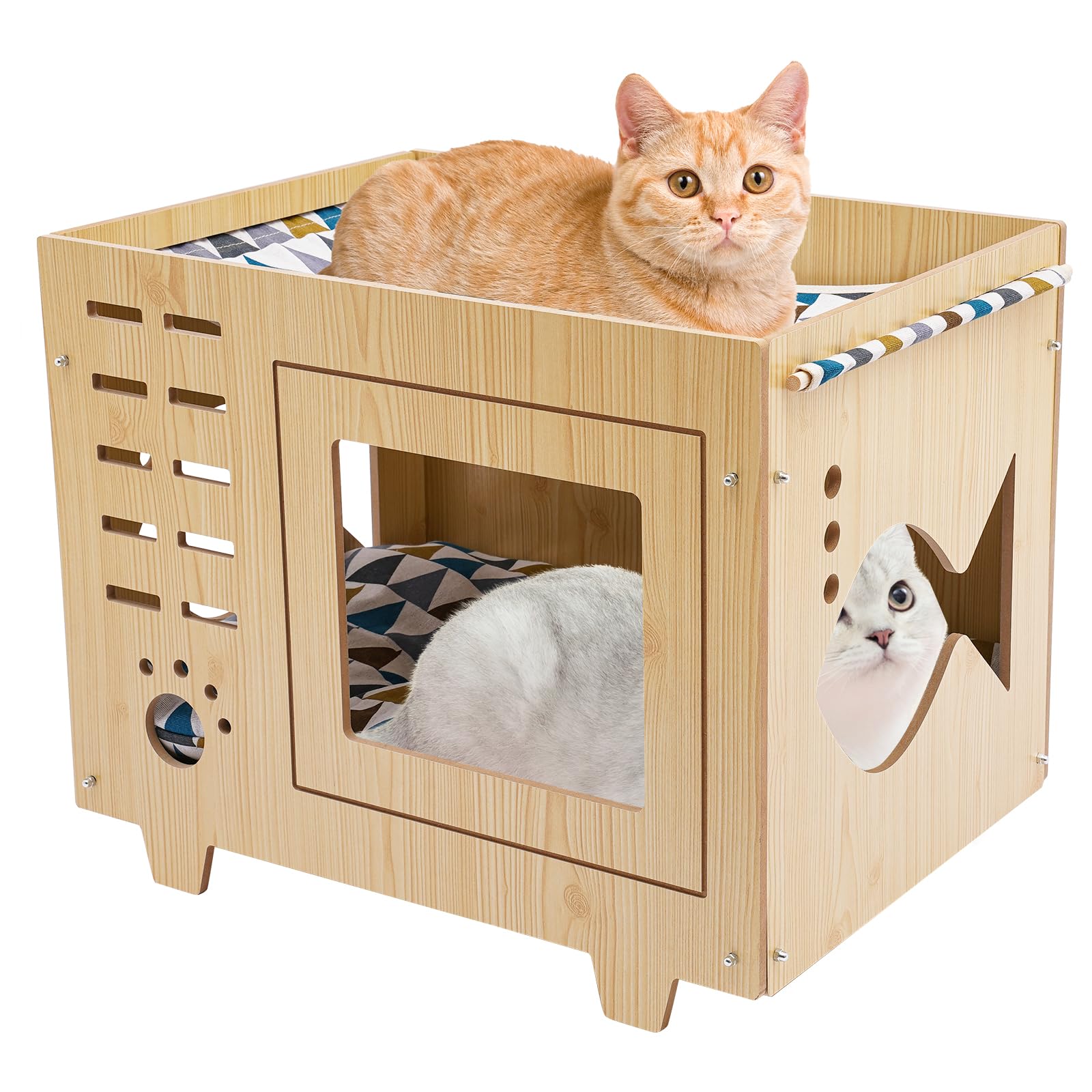 HuKaiL Wooden Cat House with Mattress, Dog Kennel, Cat House, Winter Resistant, Insulated with 2 Removable Cushions, Soft Warm Cat Basket, Indoor for Most