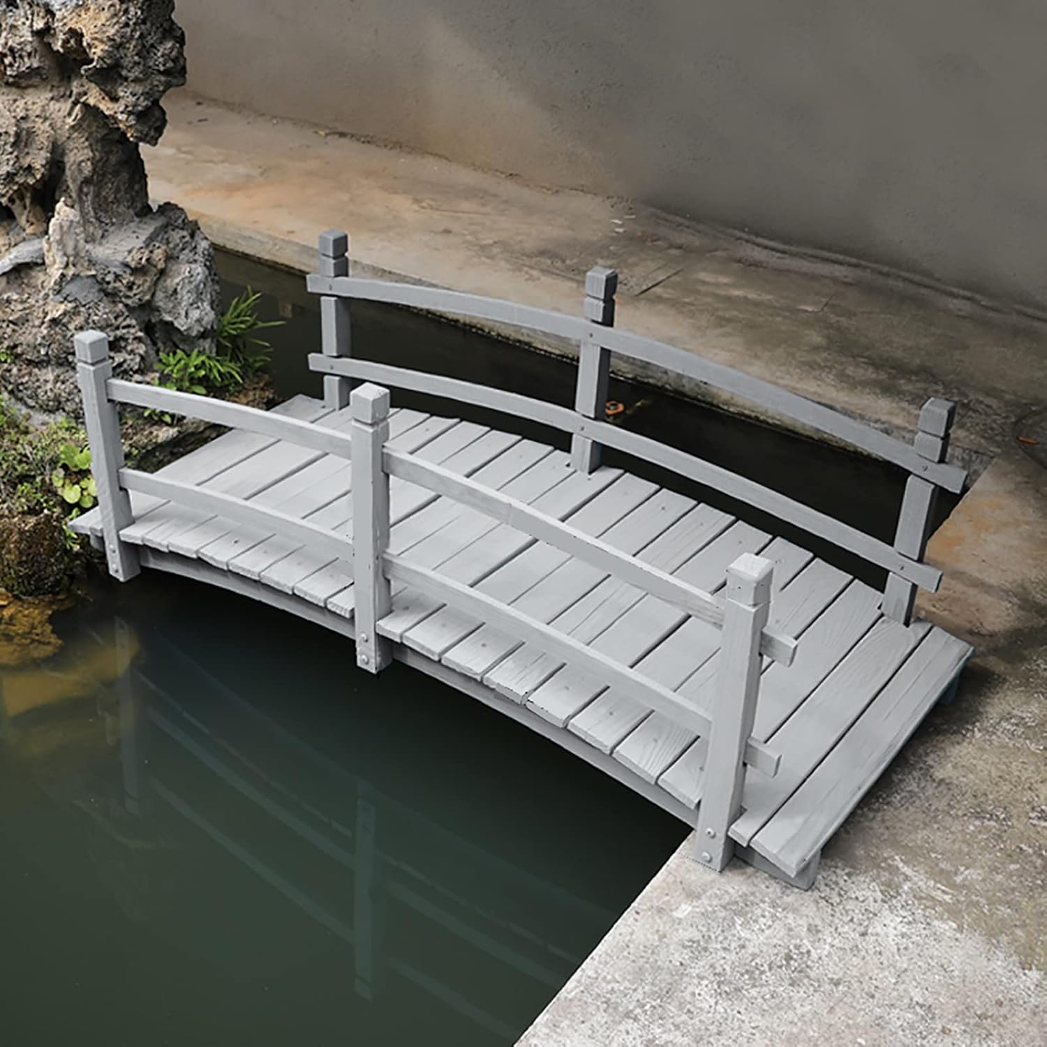 Decorative Pond Bridge Outside Solid Wood Garden Bridges with Rails, Backyard Farm Pond Arc Decorative Bridge, for Courtyard, Patio, Supports 250Kg/ 550Lbs (Color : Gray)