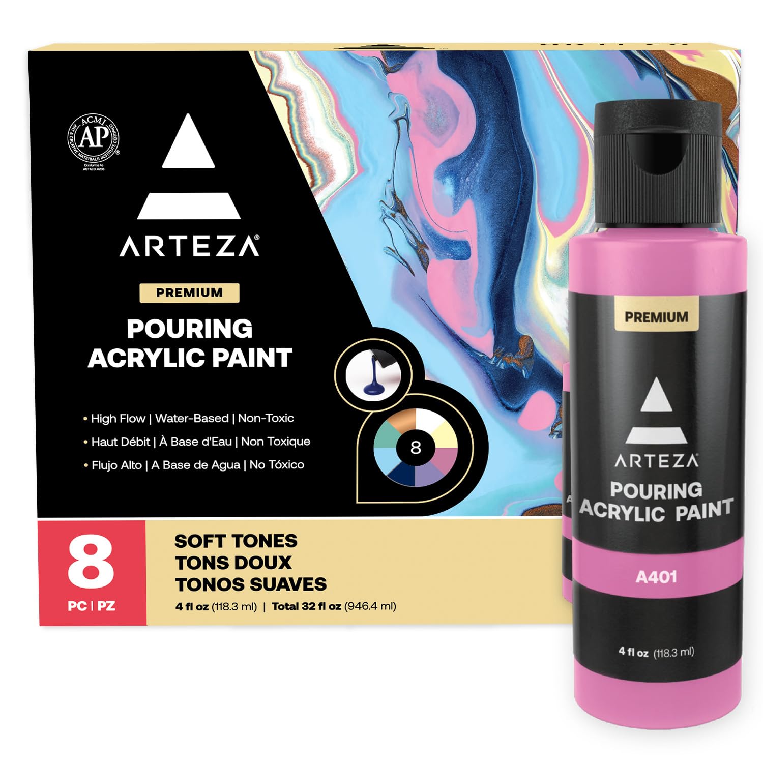 ARTEZA Set de peinture acrylique à verser, bouteilles de 120 ml, set de 8 couleurs pastel, pas de mélange nécessaire, peinture à verser : Toile, verre, papier, bois, carrelage et pierres