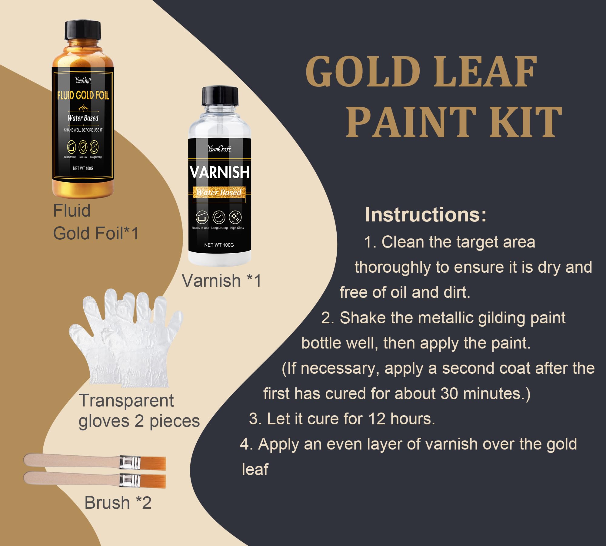 Liquid Gold Leaf Paint Kit, Water-Based Gold Leaf Paint 100ml and Gloss Varnish 100ml, Ultra Shiny Quick Dry Golds Plating Kit for Arts, Crafts, Painting, Furniture, Canvas, Wood, Clay, Fabric