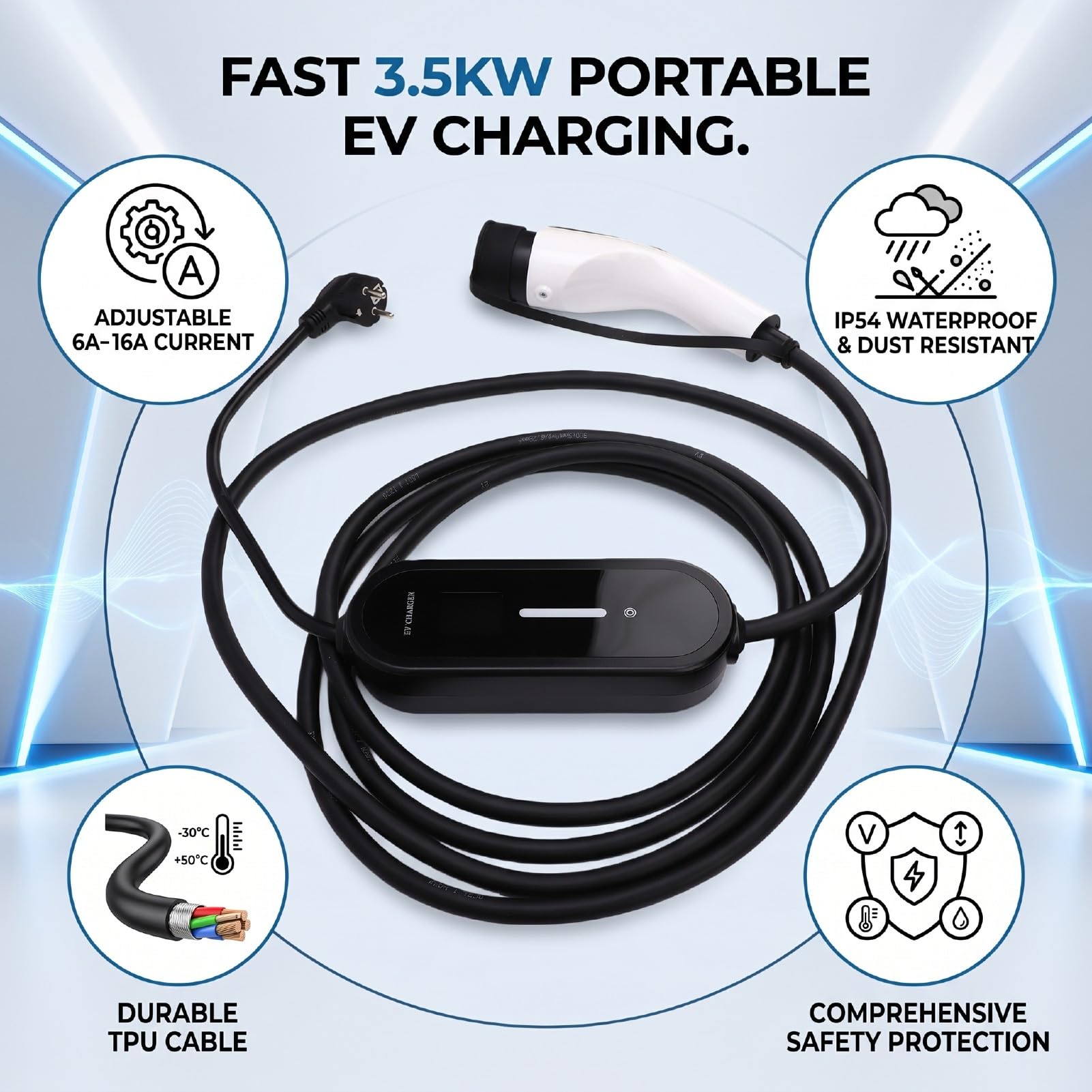 Akozon Cargador EV Portátil, 6A-16A 3.5kW IP54 Cable de Carga para Vehículo Eléctrico 5m Camisa TPU Disipación de Calor para Uso en Hogar Viaje Exterior
