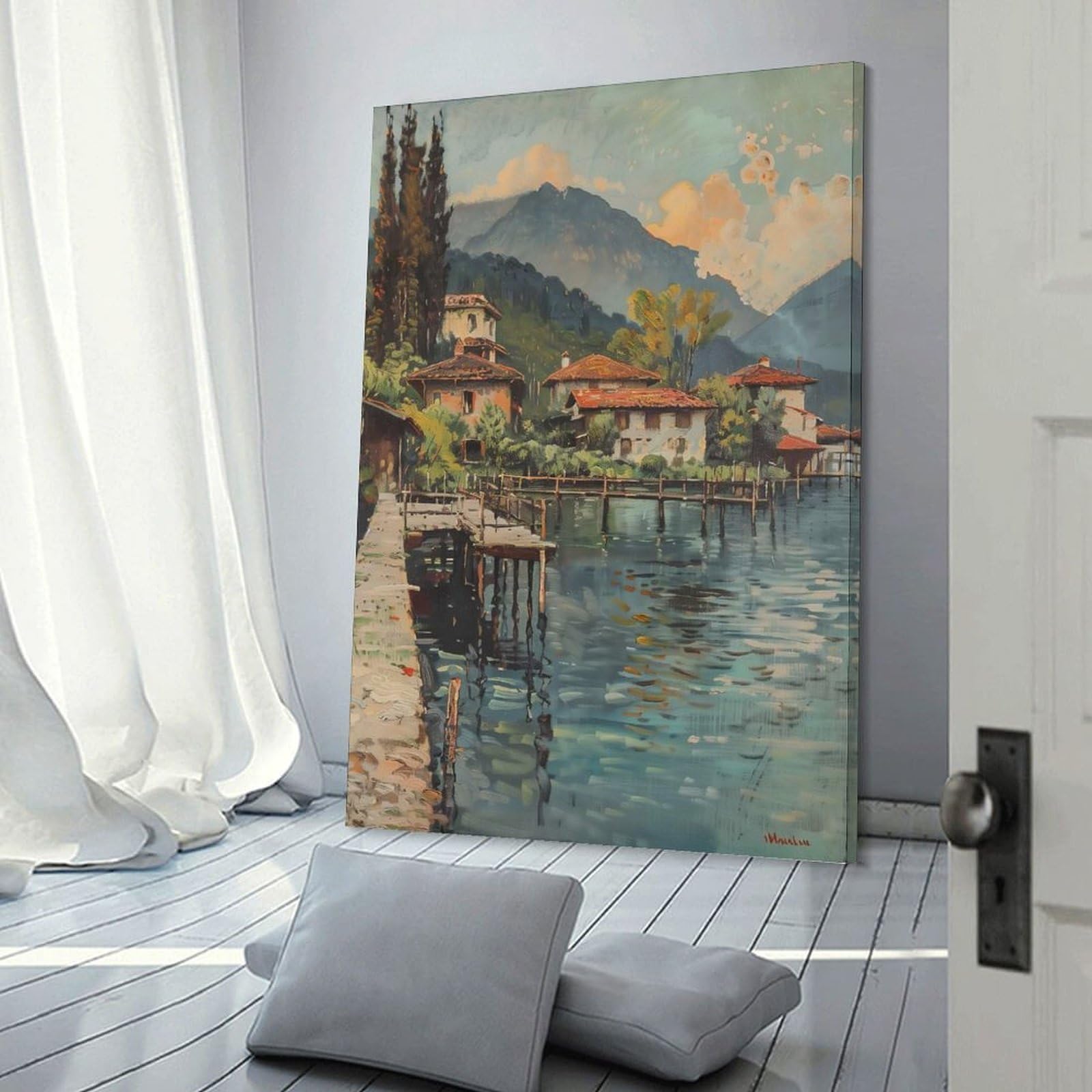 Junmoney Frame-Style-9 Lakeside Village Painting Canvas Art Print 24X36inch(60X90cm), For Apartment Walls, Studios Or Work Areas, An Easy Choice For New Home Styling