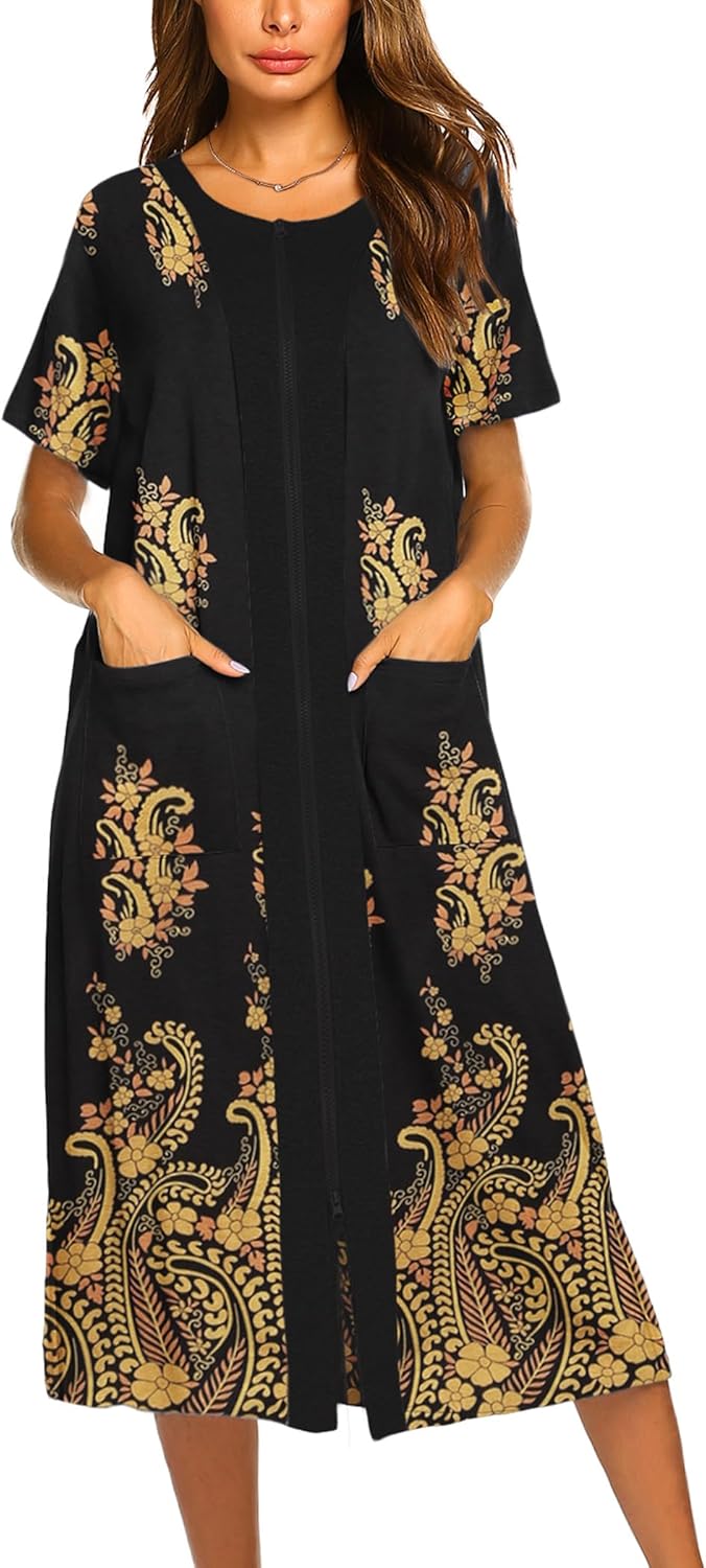 Ekouaer Robes For Women Zipper Front Bathrobe Short Sleeve House Coat Long Nightgown With Pockets Soft Loungewear