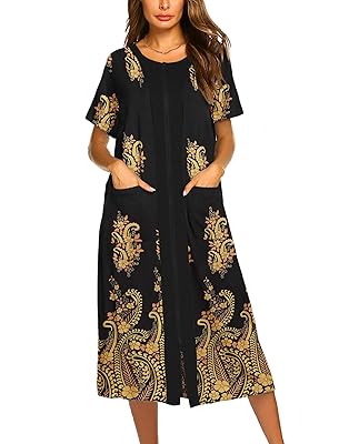 Ekouaer Robes For Women Zipper Front Bathrobe Short Sleeve House Coat Long Nightgown With Pockets Soft Loungewear