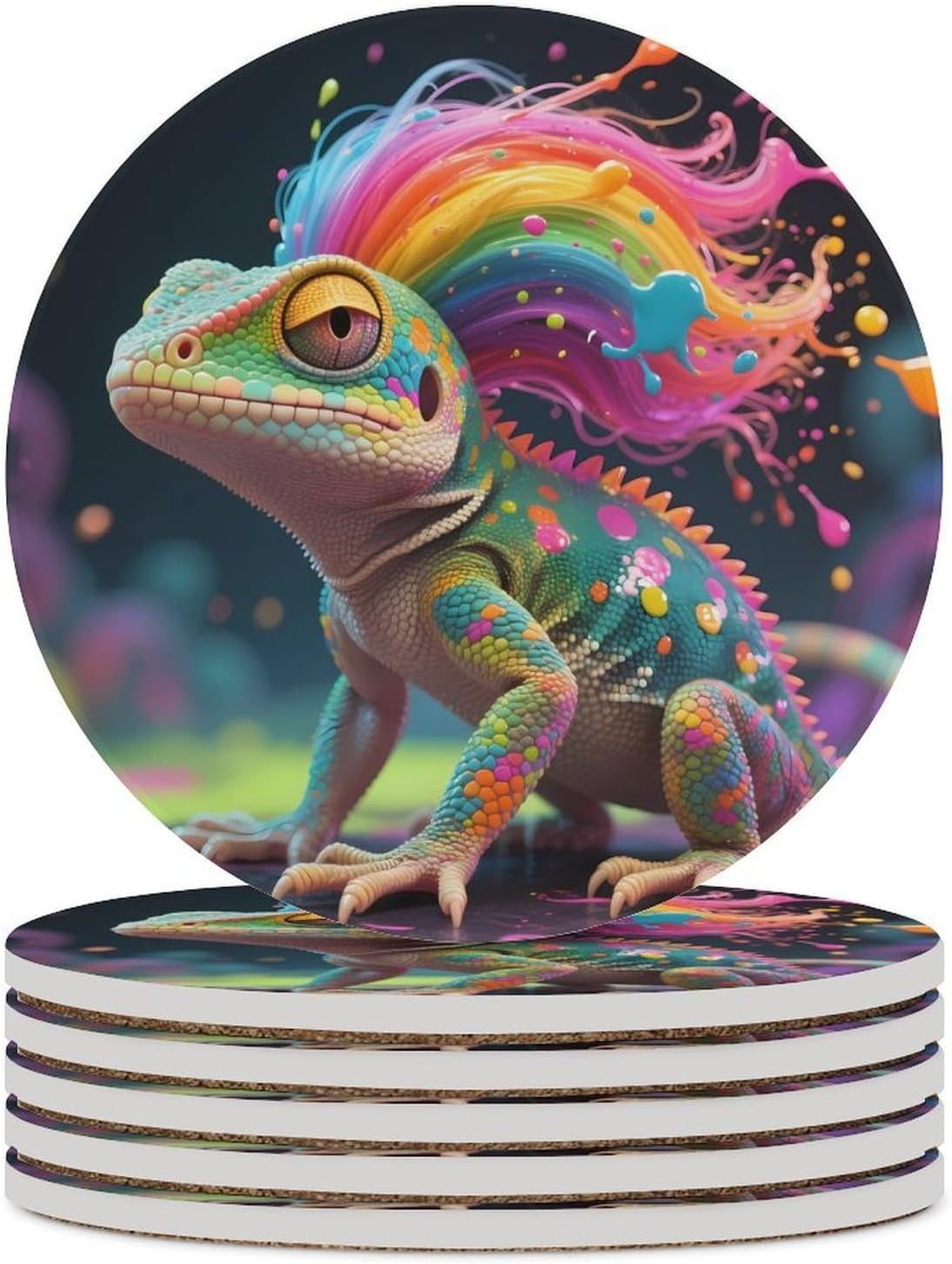 Colorful Gecko with Rainbow Hair Funny Round Ceramic Coasters for Drink Absorbent Cup Holders Tabletop Protection