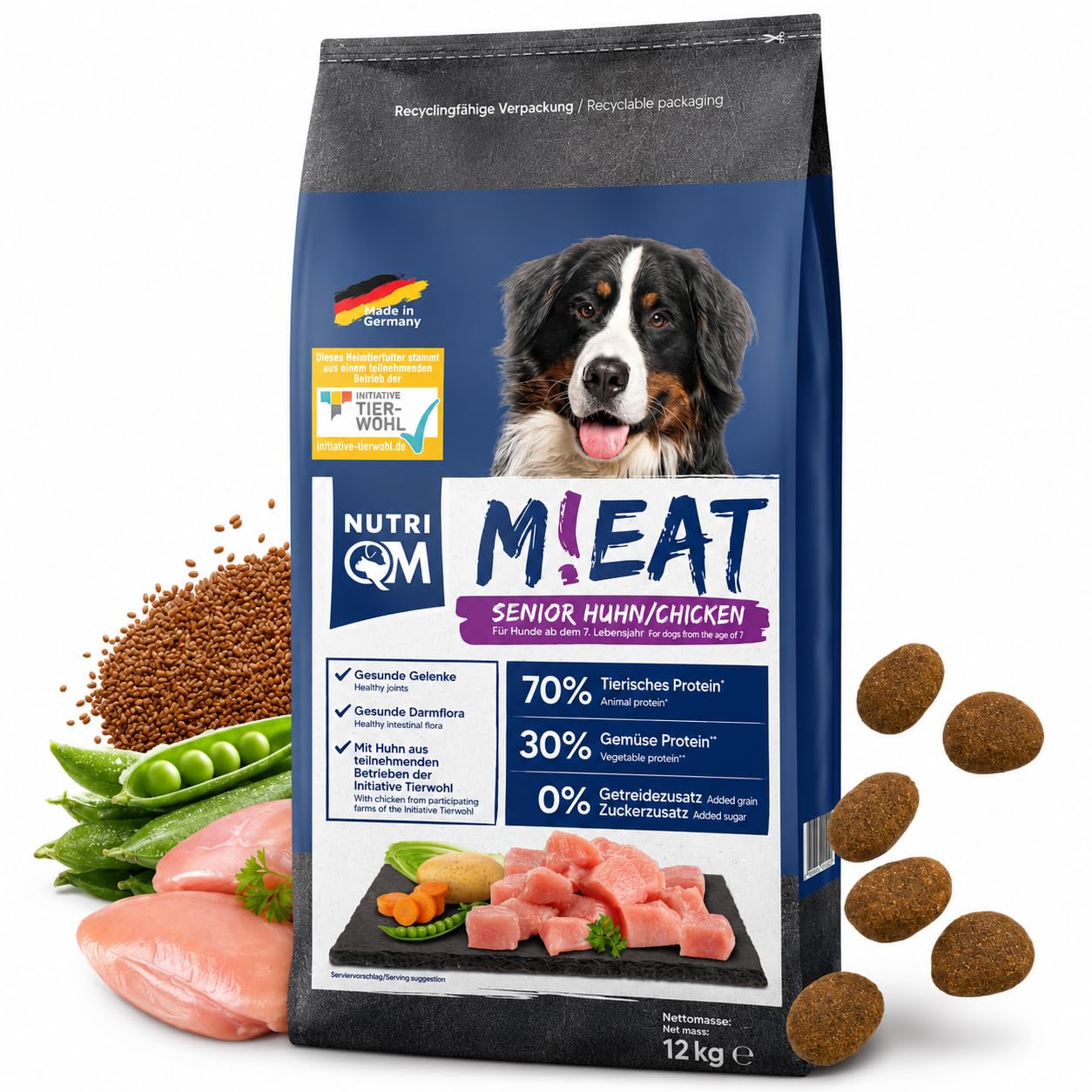 NutriQM® Senior Hundefutter Trocken | 12 kg | Getreidefreies Trockenfutter mit Huhn & Kartoffel | Weniger Fett & Protein für Hunde ab 7 Jahren | Ohne Zucker & Konservierungsstoffe | Made in Germany